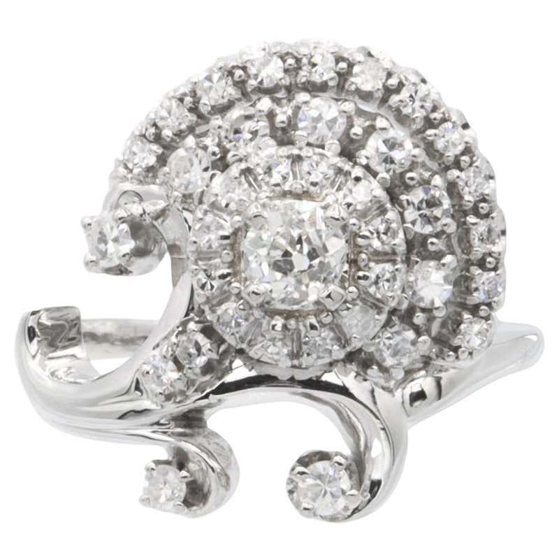 White Diamond Ring in Vintage Cluster Setting Set with Old Cut Diamonds ...
