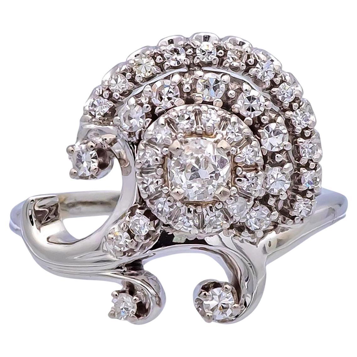 Anillo de cóctel vintage Jabel de oro blanco de 14k con racimo de diamantes talla antigua