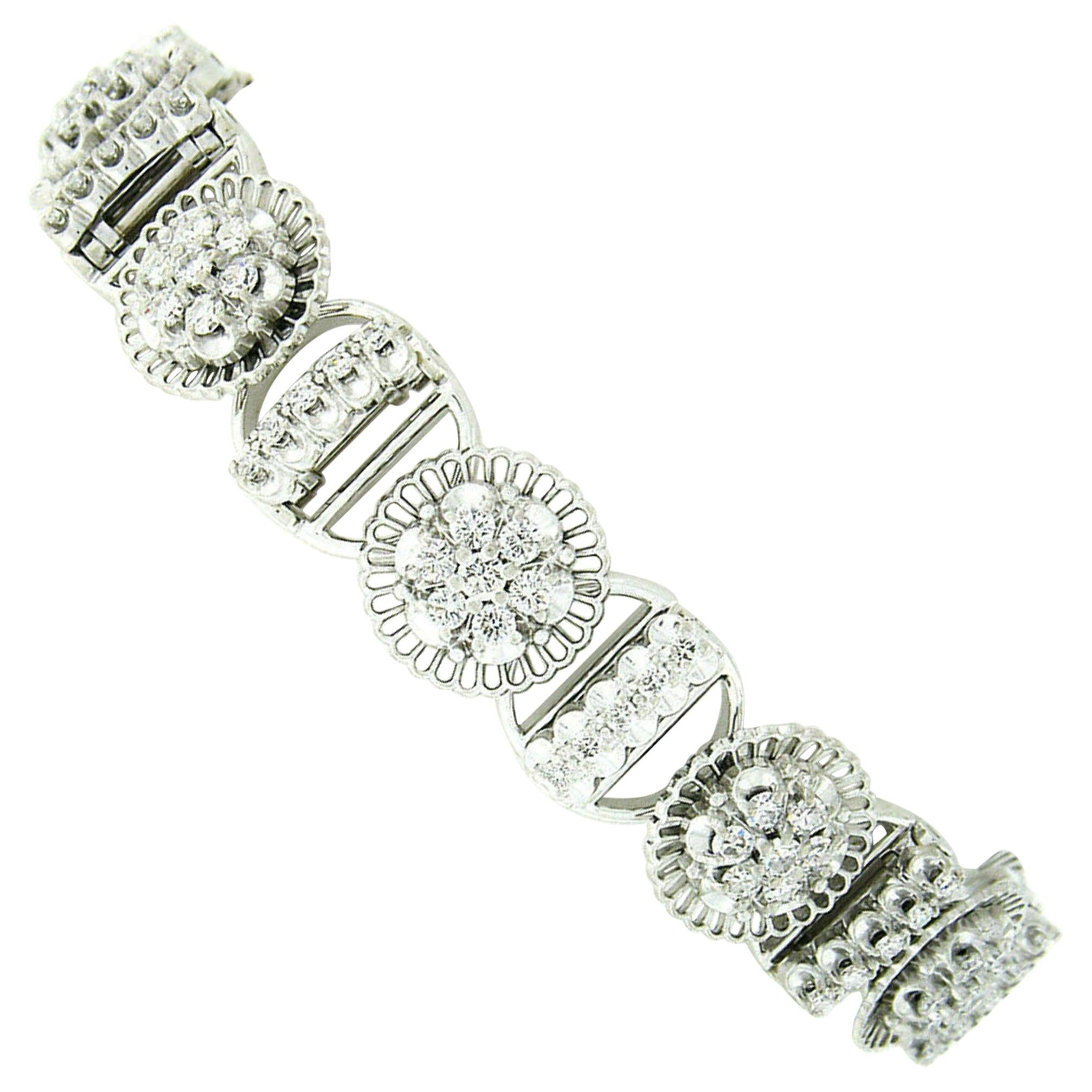 Jabel Bracelet tennis vintage filigrane à maillons en or 18 carats avec grappe de diamants 3 carats et barre de diamants