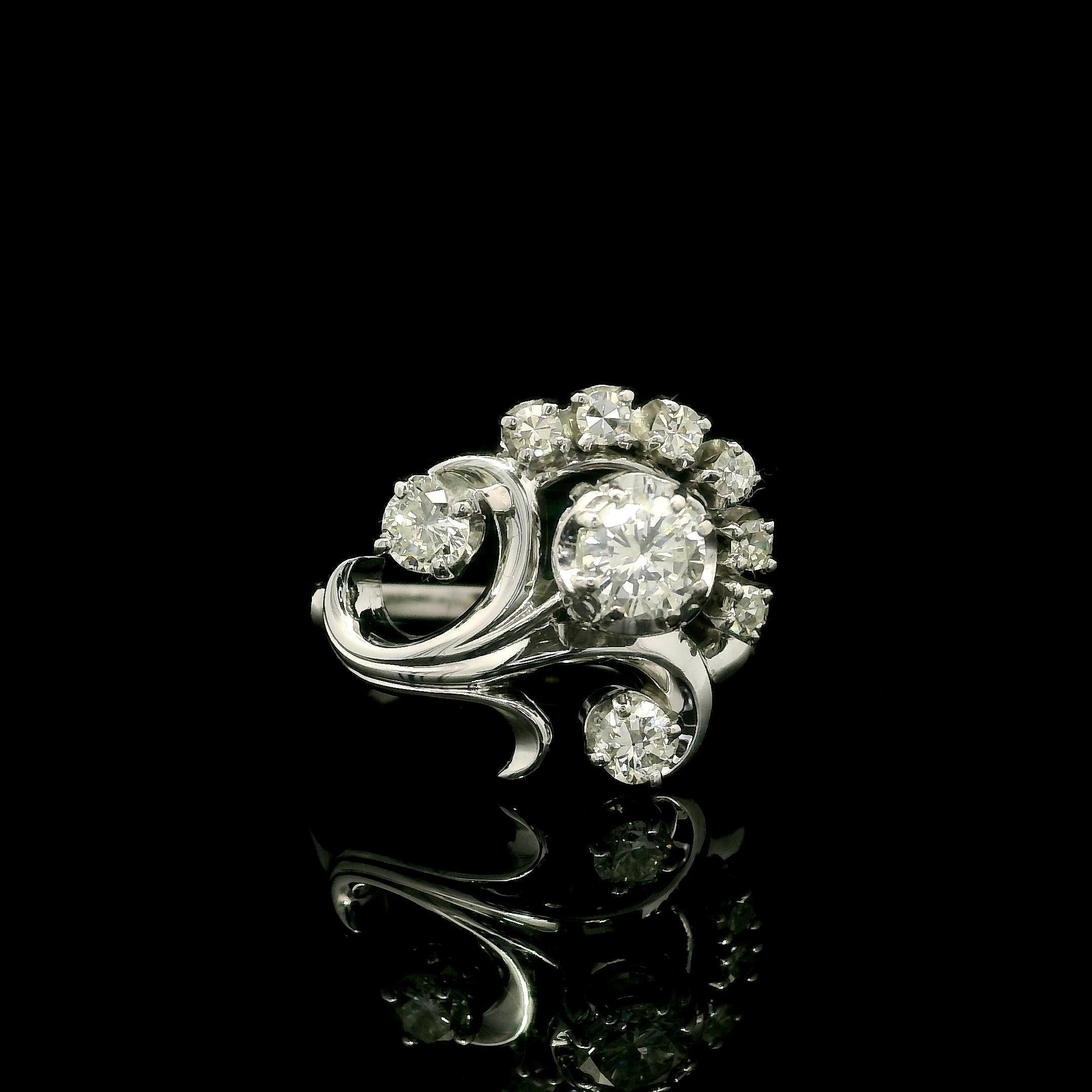 Vintage Jabel 18k White Gold 0.75ctw Old Cut Diamond Floral Ring For Sale 7