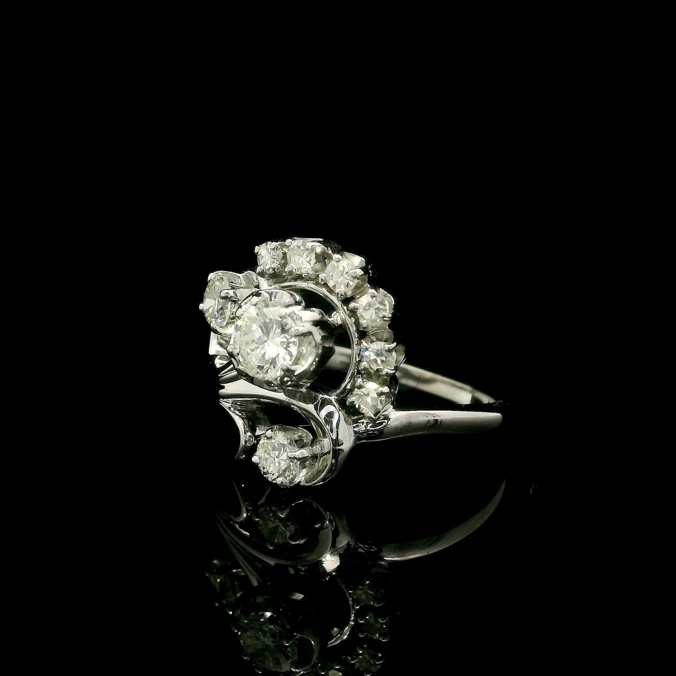 Round Cut Vintage Jabel 18k White Gold 0.75ctw Old Cut Diamond Floral Ring For Sale