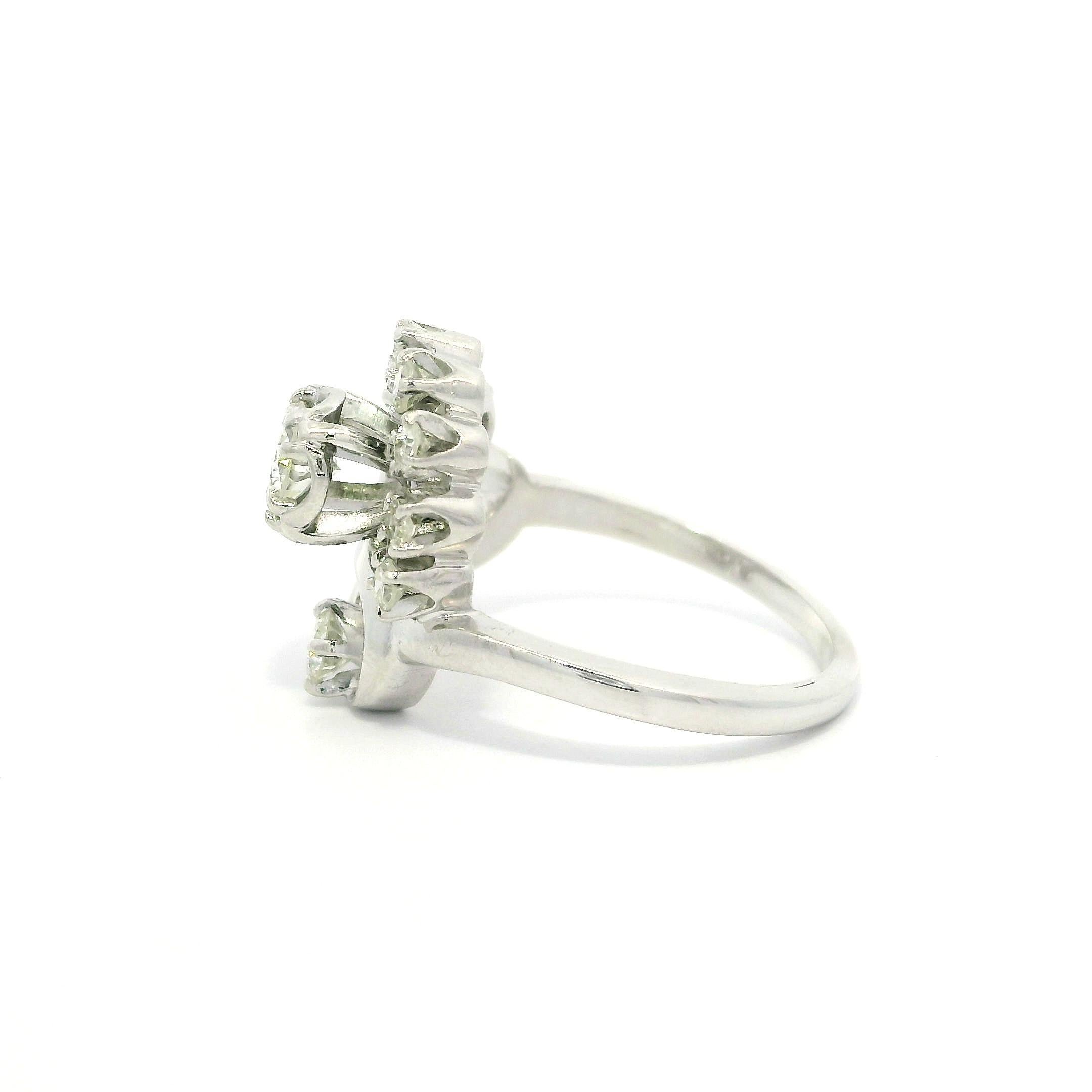 Vintage Jabel 18k White Gold 0.75ctw Old Cut Diamond Floral Ring In Good Condition For Sale In Montclair, NJ