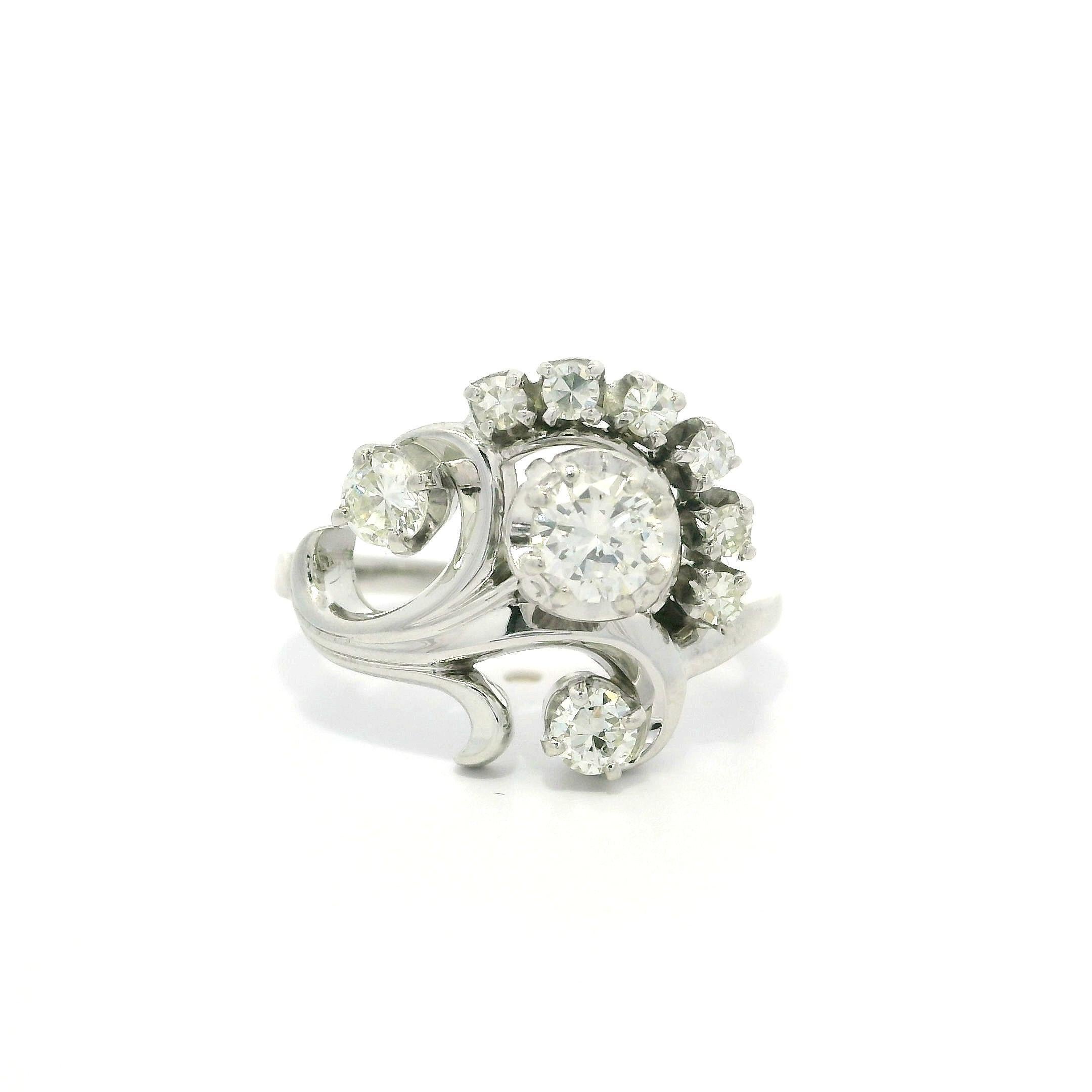 Vintage Jabel 18k White Gold 0.75ctw Old Cut Diamond Floral Ring For Sale 2