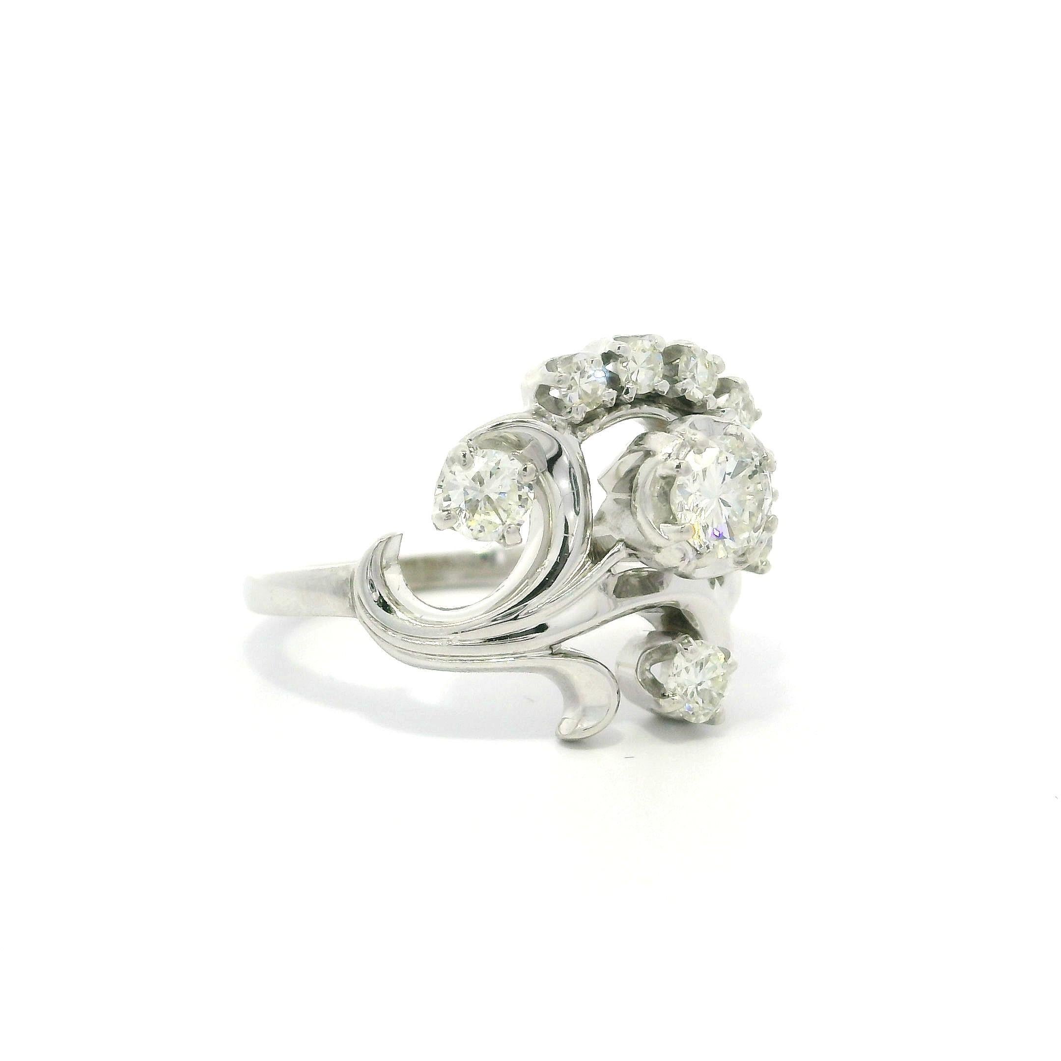 Vintage Jabel 18k White Gold 0.75ctw Old Cut Diamond Floral Ring For Sale 3