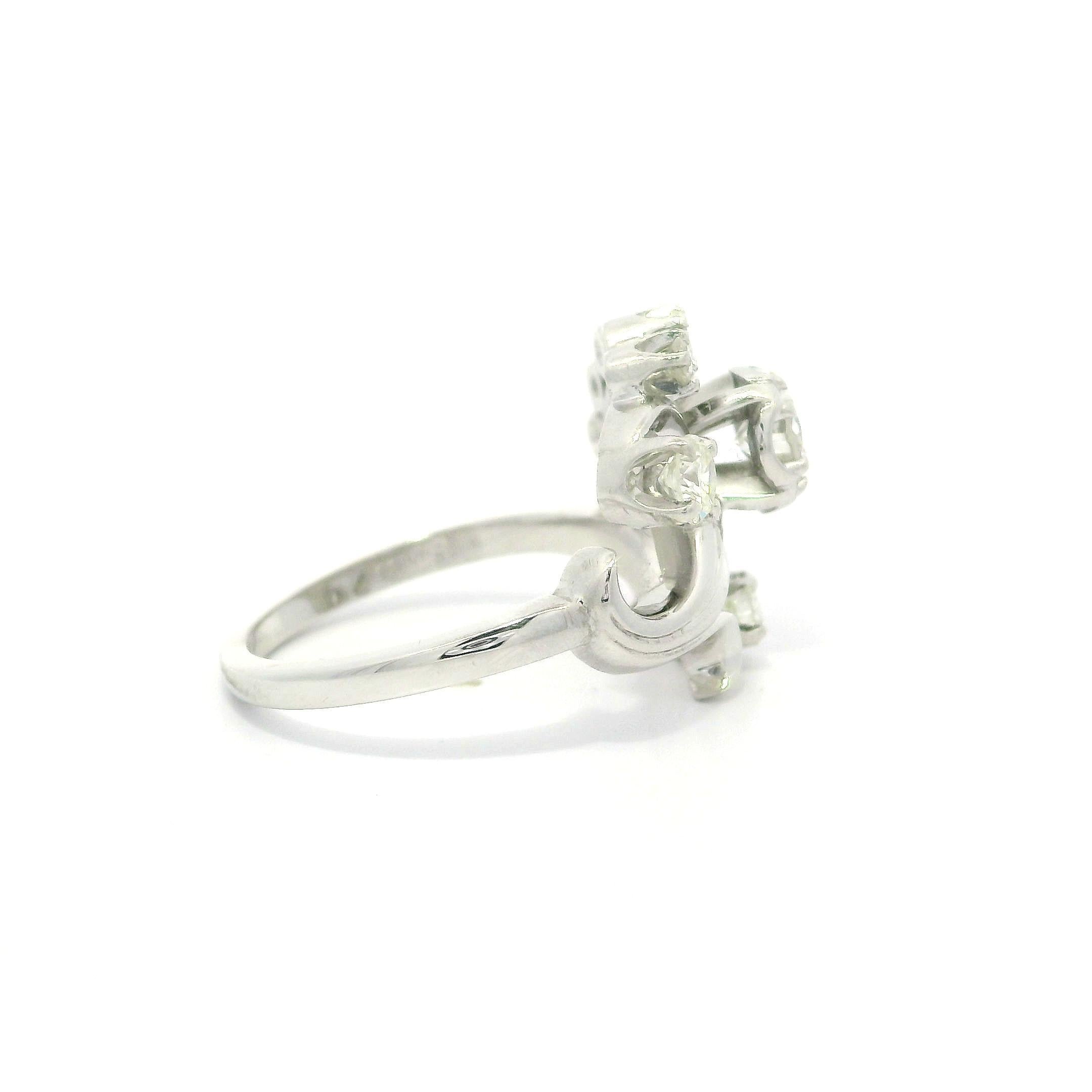 Vintage Jabel 18k White Gold 0.75ctw Old Cut Diamond Floral Ring For Sale 4