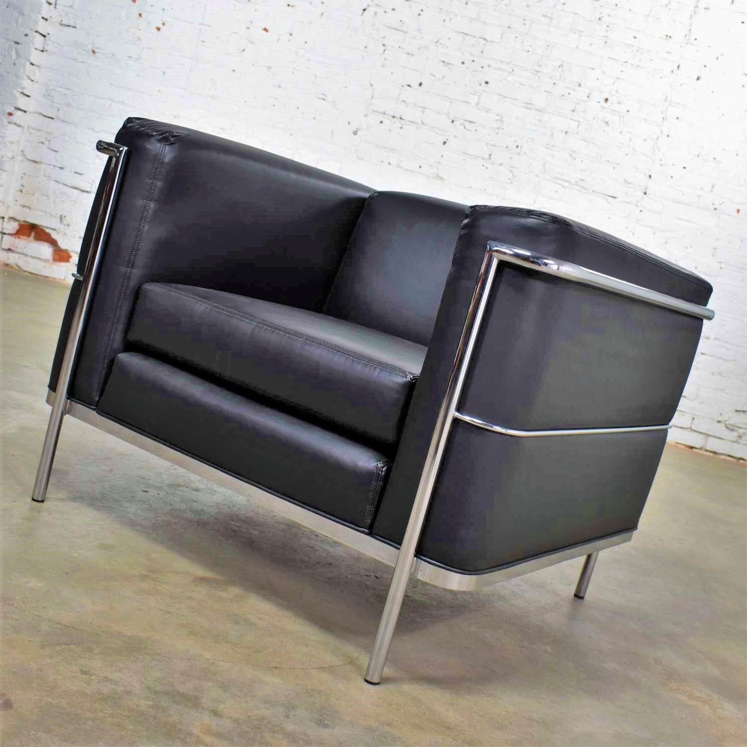 American Vintage Jack Cartwright 20/123 Club Chair Black Faux Leather after Corbusier LC2