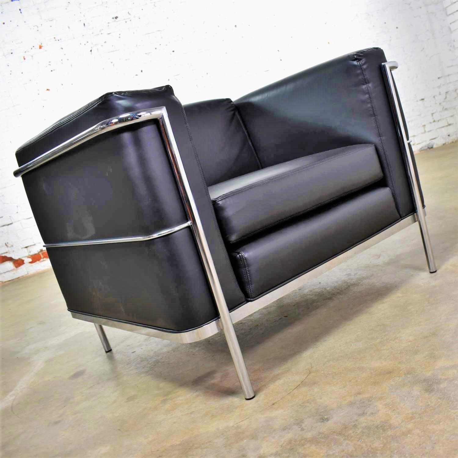 Vintage Jack Cartwright 20/123 Club Chair Black Faux Leather after Corbusier LC2 In Good Condition In Topeka, KS