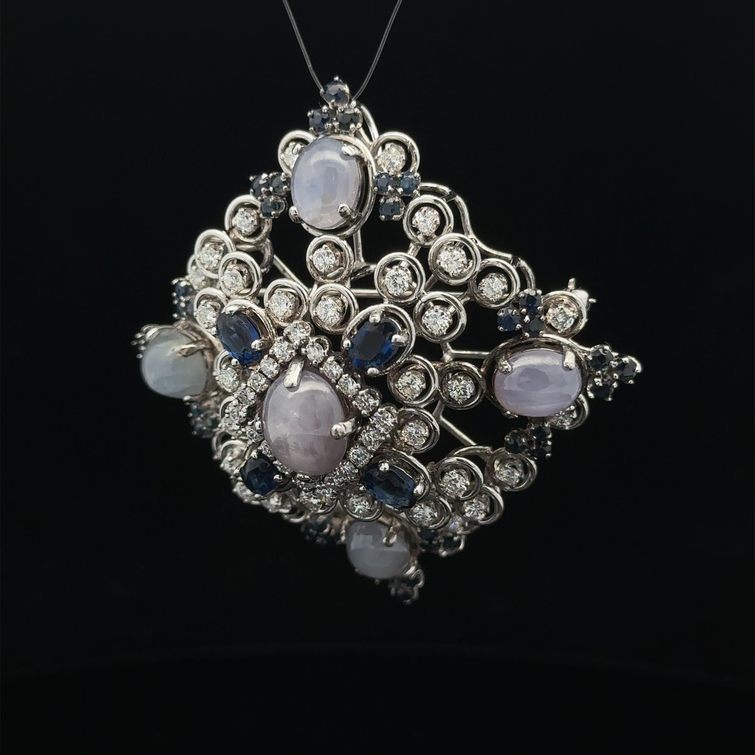 Vintage Jack Gutschneider 14k White Gold Star Sapphire Diamond Pendant Brooch In Excellent Condition For Sale In Montclair, NJ