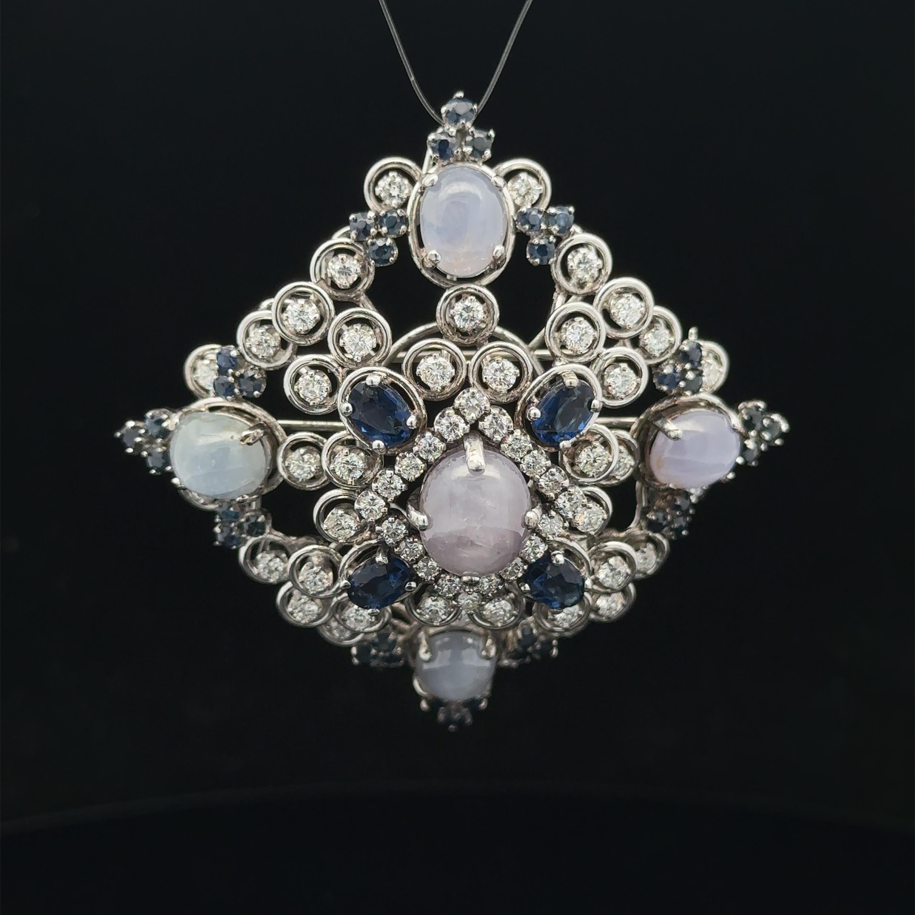 Vintage Jack Gutschneider 14k White Gold Star Sapphire Diamond Pendant Brooch For Sale 2