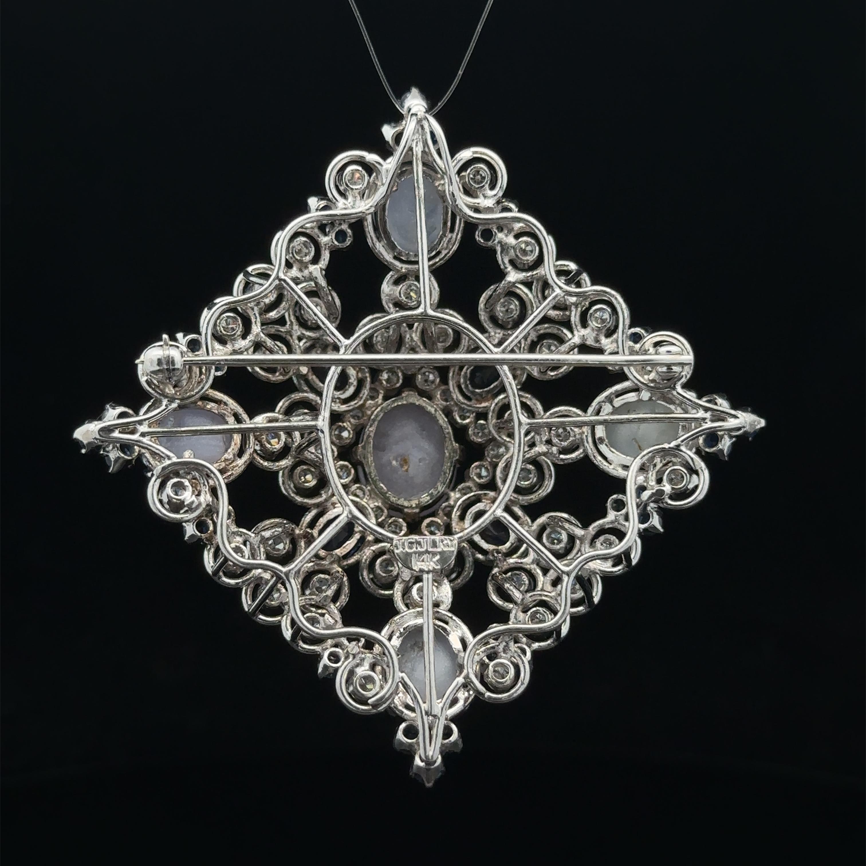 Vintage Jack Gutschneider 14k White Gold Star Sapphire Diamond Pendant Brooch For Sale 3