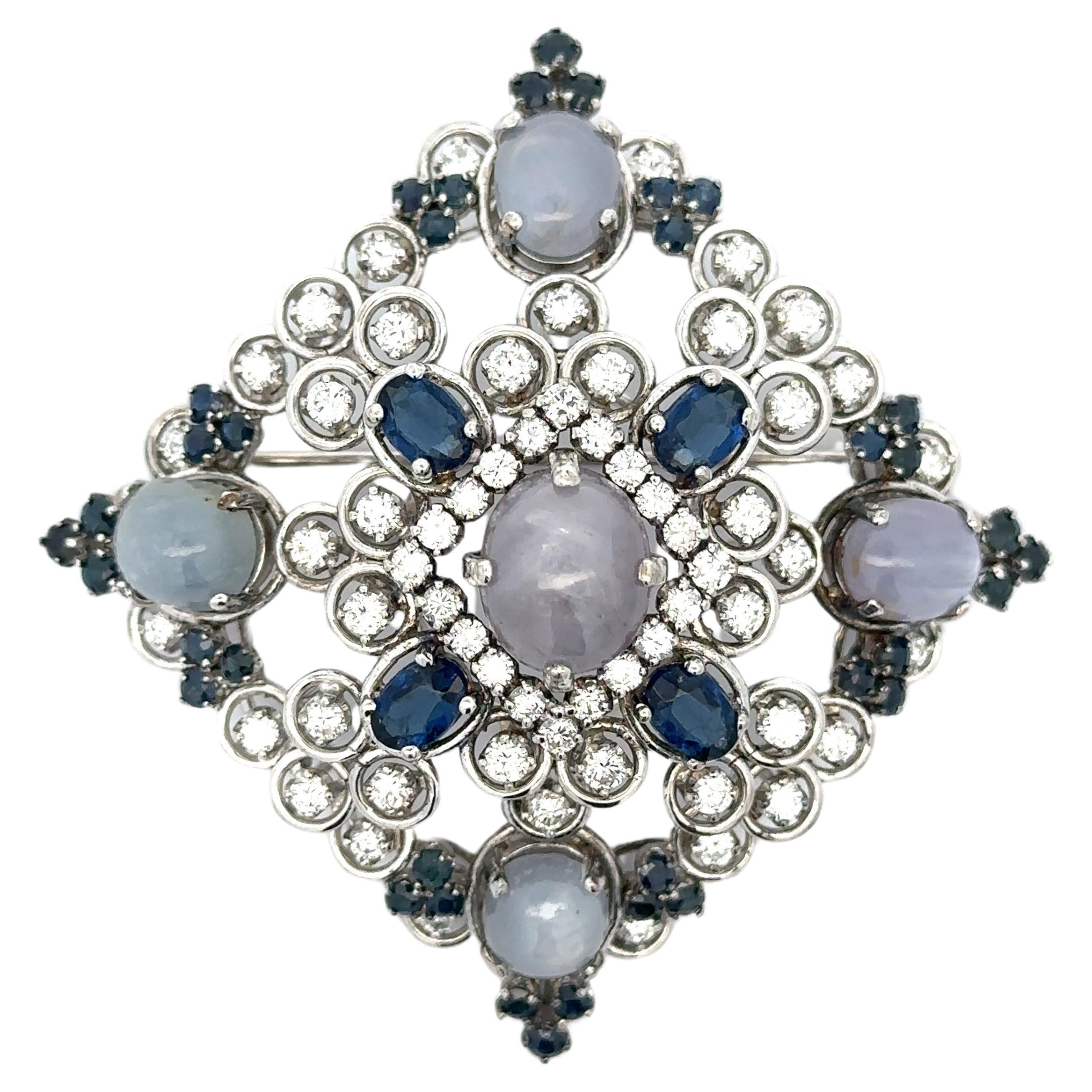 Vintage Jack Gutschneider 14k White Gold Star Sapphire Diamond Pendant Brooch For Sale