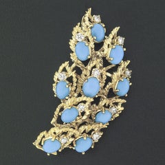 Vintage Jack Gutschneider 18k Gold Turquoise .90ctw Diamond Flame Brooch Pendant
