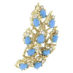 Vintage Jack Gutschneider 18k Gold Turquoise .90ctw Diamond Flame Brooch Pendant