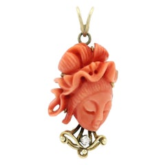 Vintage Jack Gutschneider Carved Cameo Coral Lady Portrait w/ Diamond Pendant