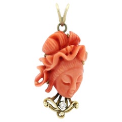 Vintage Jack Gutschneider Carved Cameo Coral Lady Portrait w/ Diamond Pendant