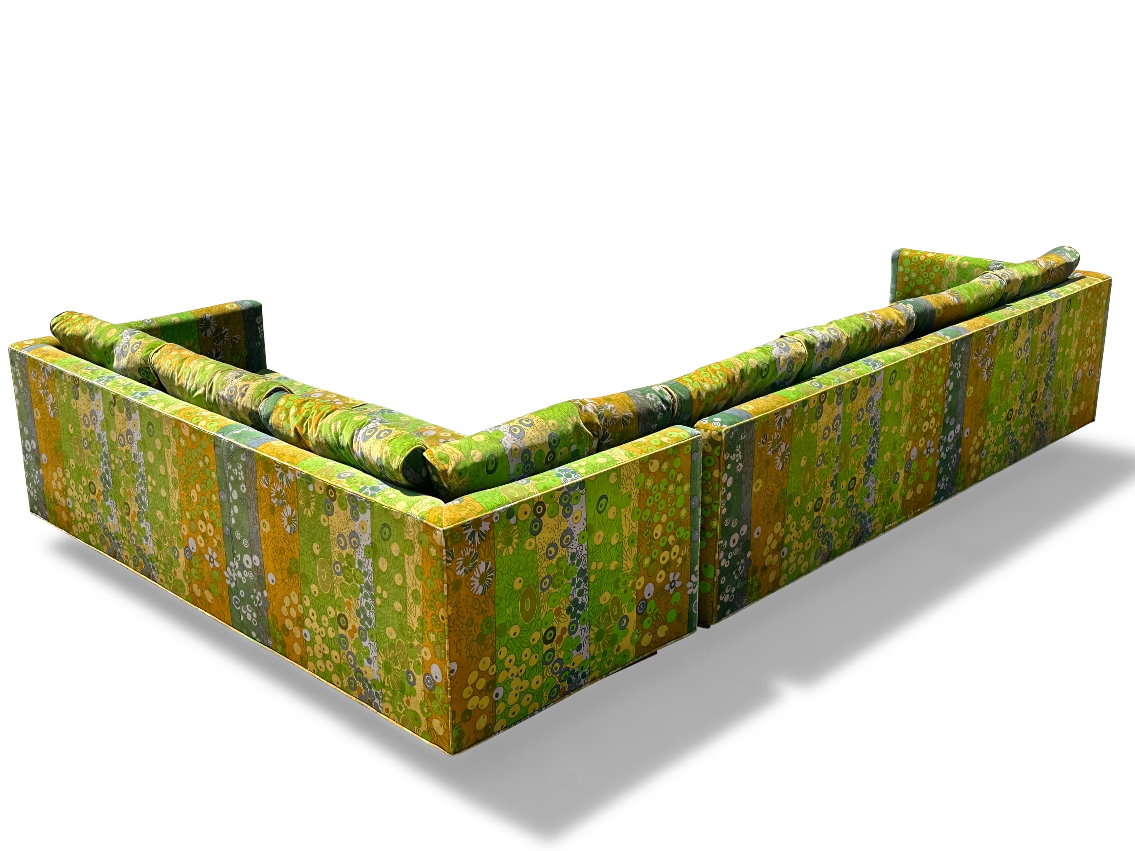 North American Vintage Jack Lenor Larsen Velvet Sectional Sofa in Green Primavera 1970s For Sale