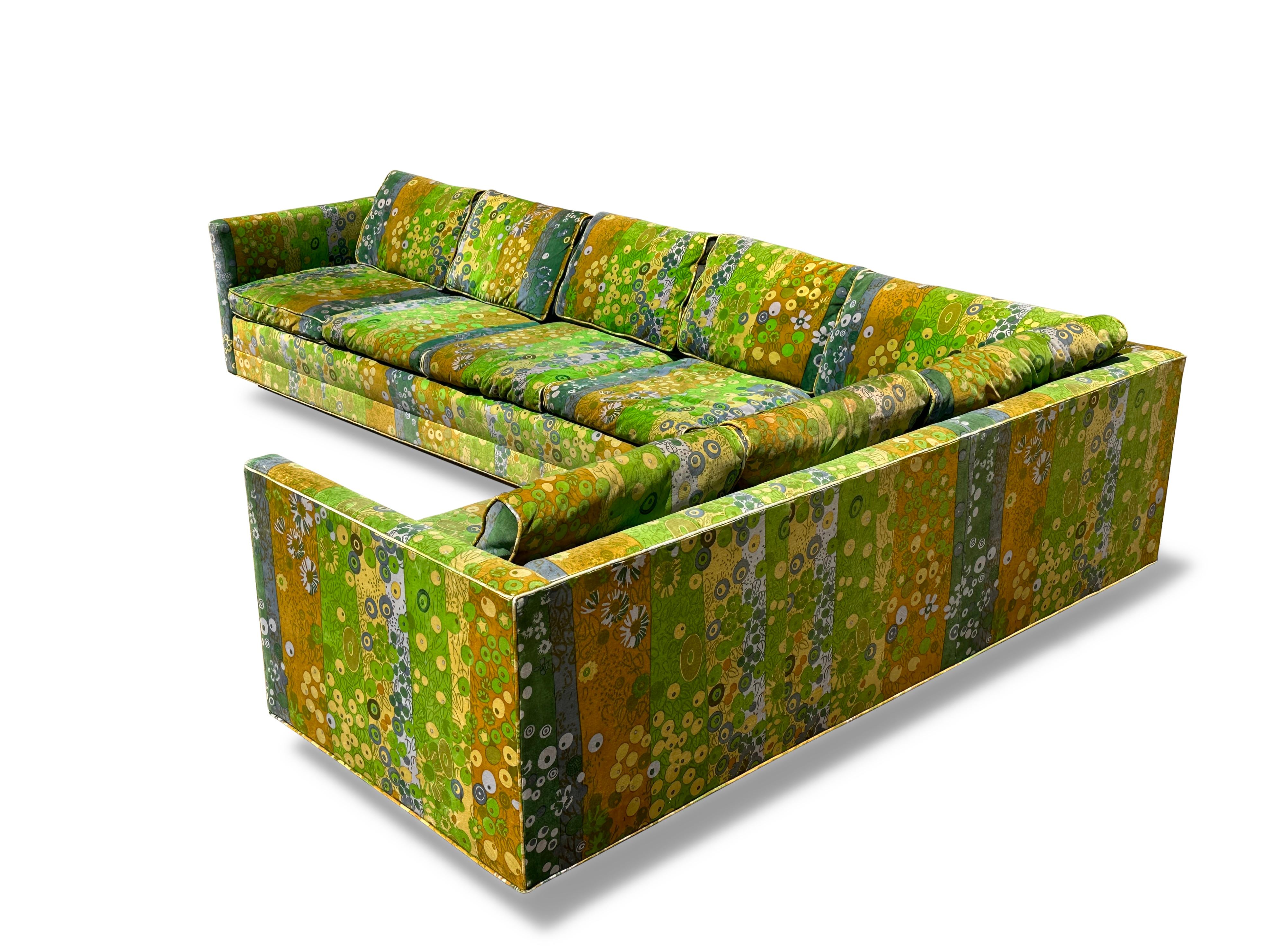 North American Vintage Jack Lenor Larsen Velvet Sectional Sofa in Green Primavera 1970s For Sale