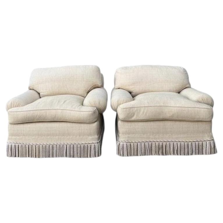 Vintage Jack Phillips Overstuffed Lounge Chairs With Bullion Trim - A Pair