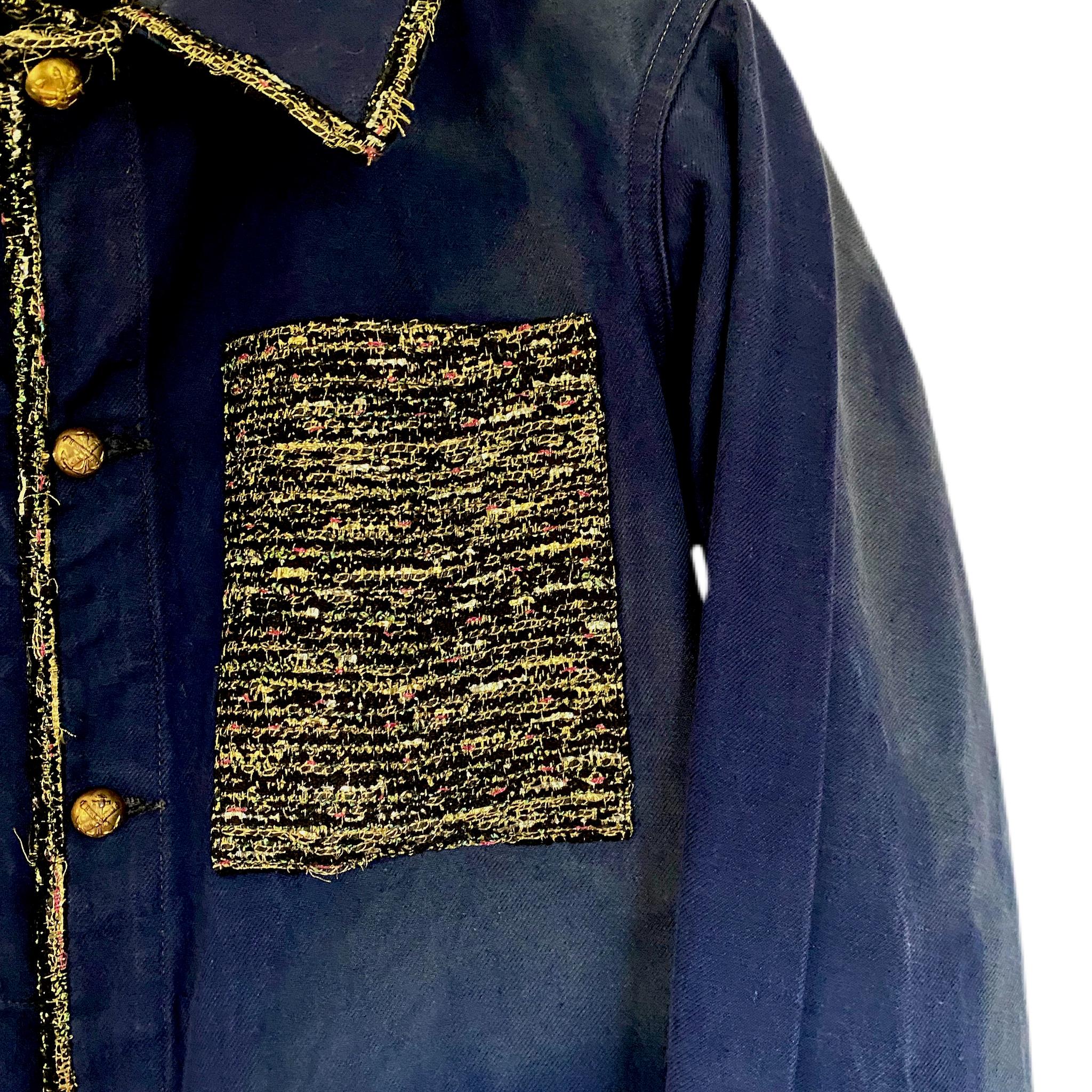 Vintage Jacket Blue French Workwear Black Gold Lurex Embellished J Dauphin In New Condition In Los Angeles, CA