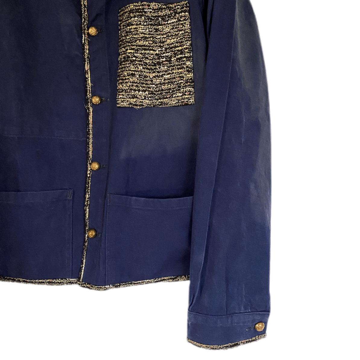 Women's Vintage Jacket Blue French Workwear Black Gold Lurex Embellished J Dauphin