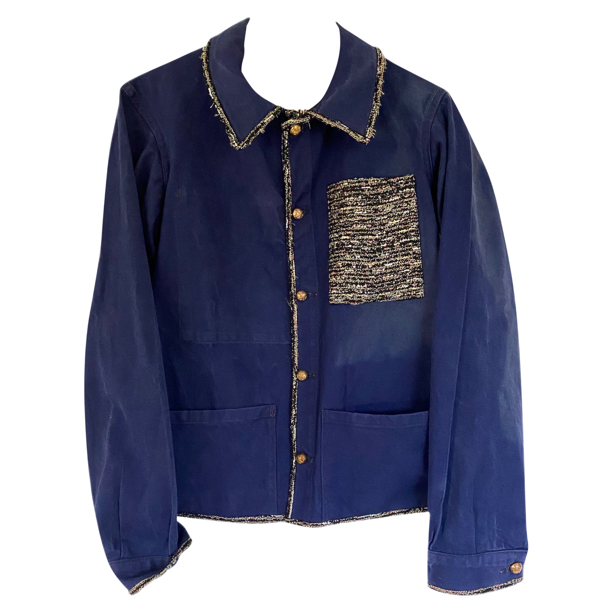 Vintage Jacket Blue French Workwear Black Gold Lurex Embellished J Dauphin