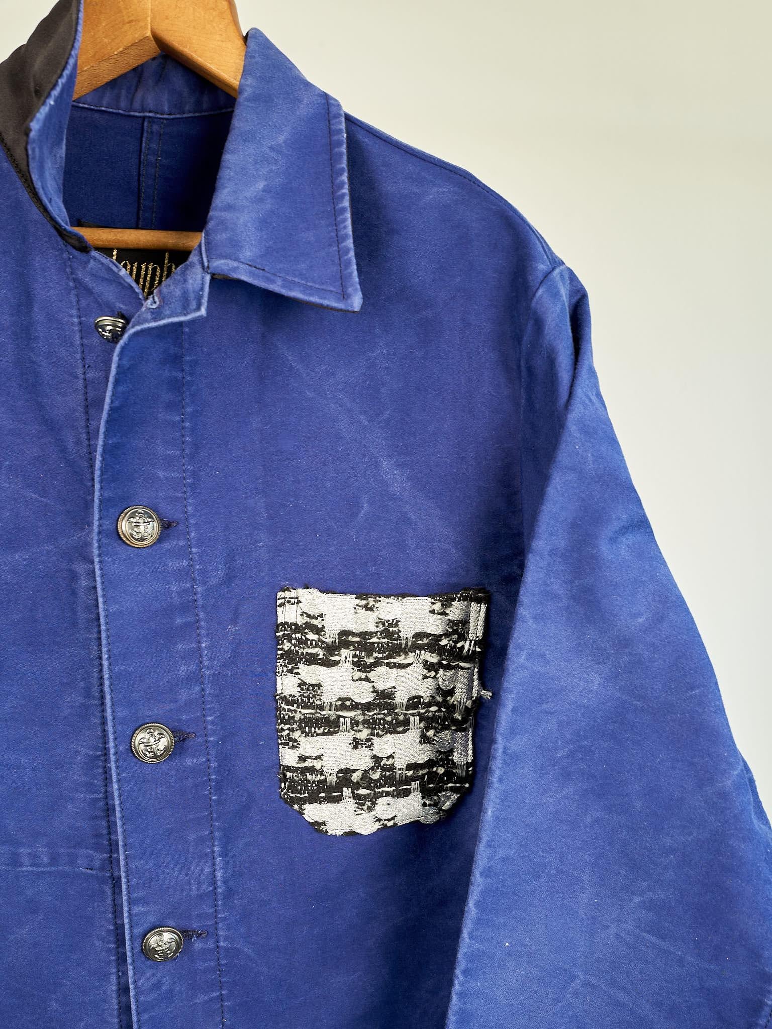 Vintage Jacket French Blue Work Silver Tweed Repurposed J Dauphin Large 1