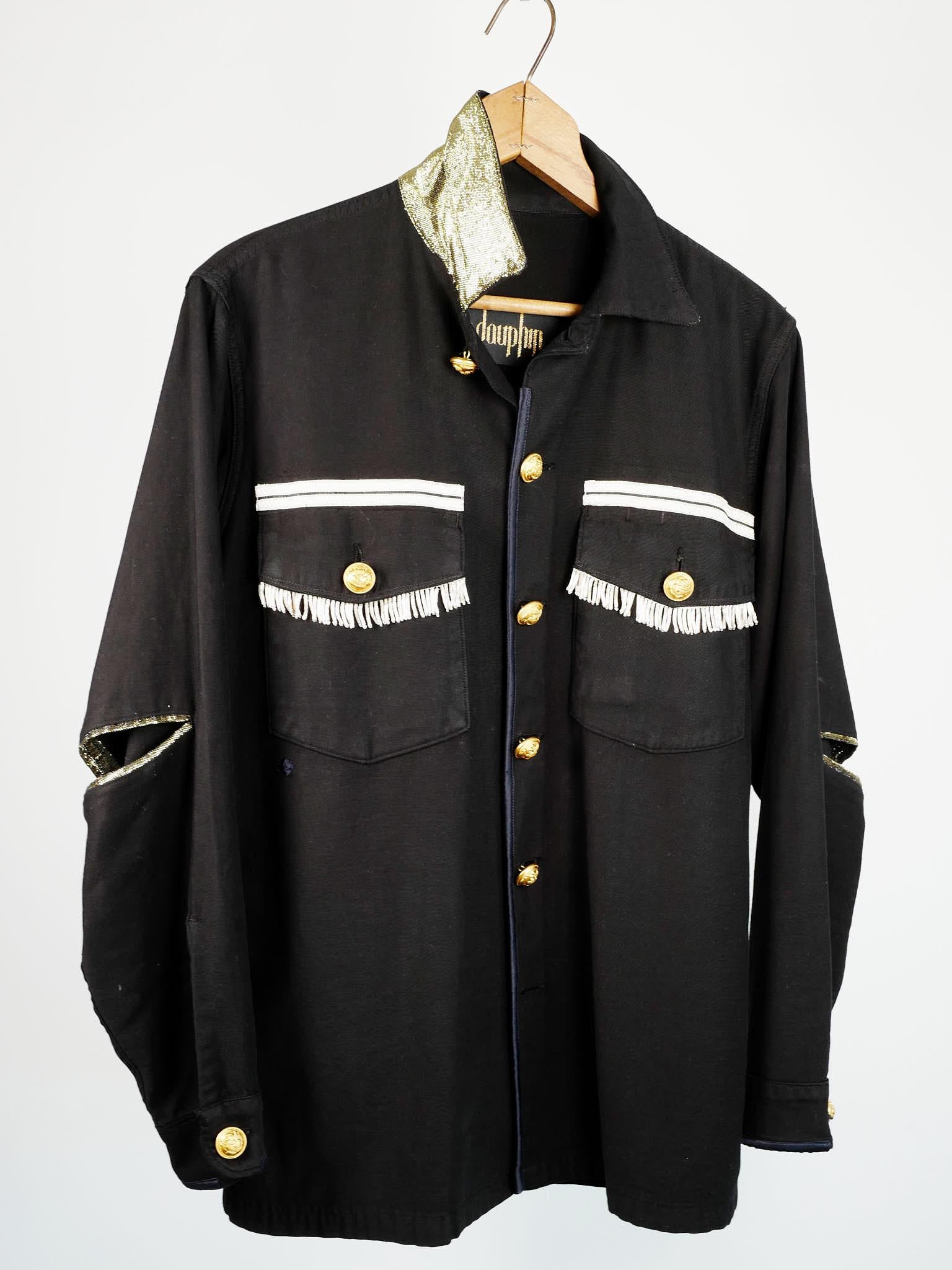 Women's Vintage Jacket in Black Embellished Silver Fringe Braids Gold Buttons Large
