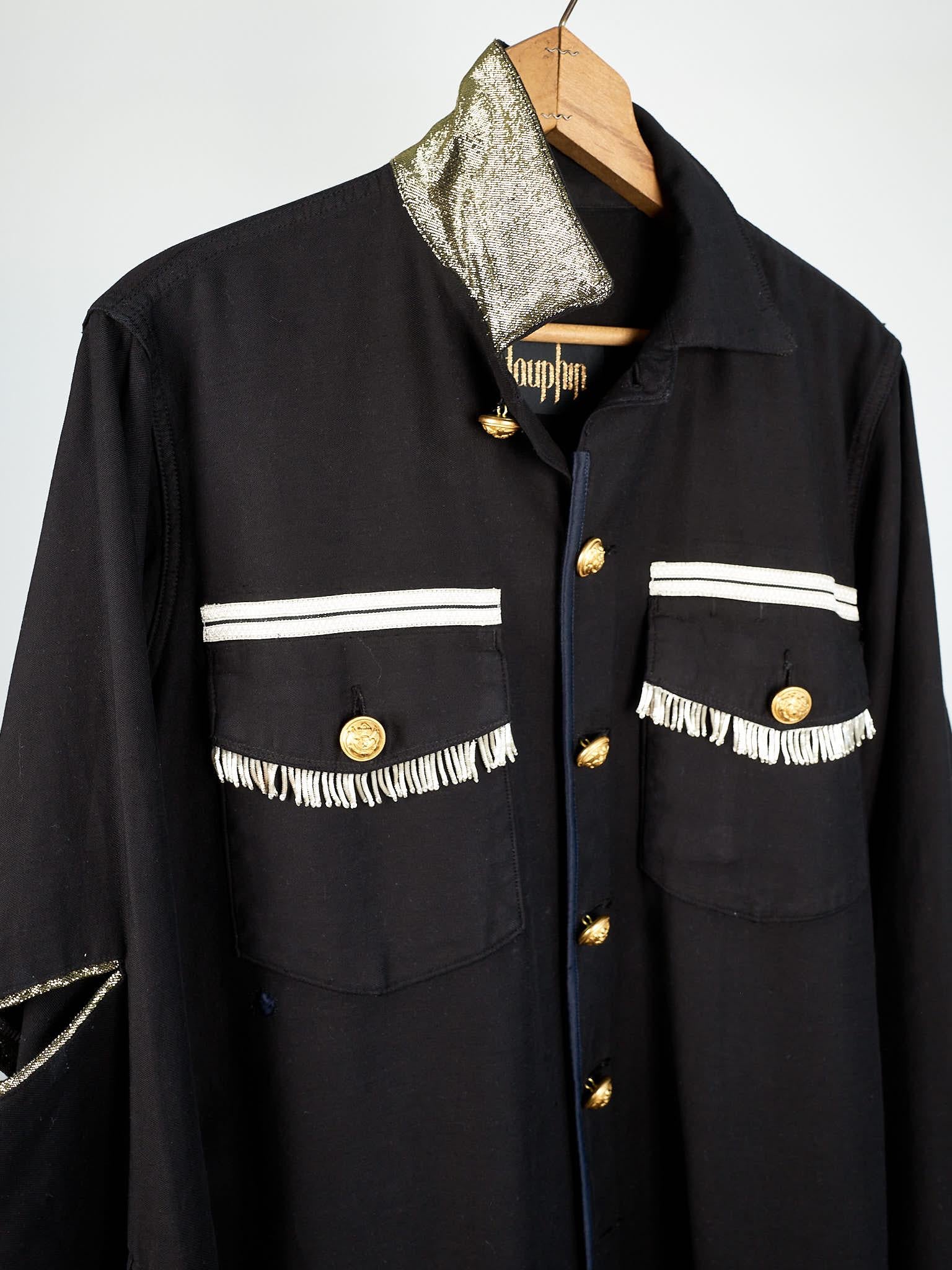 Vintage Jacket in Black Embellished Silver Fringe Braids Gold Buttons Large 1