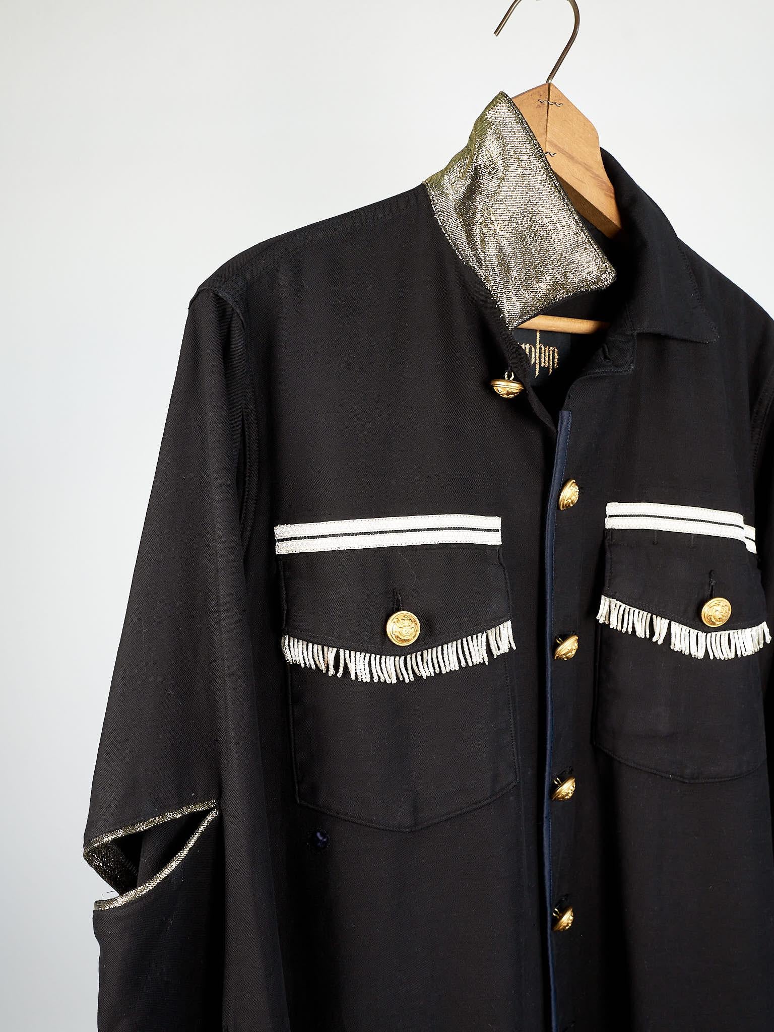 Vintage Jacket in Black Embellished Silver Fringe Braids Gold Buttons Large 2