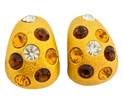 Vintage JACKIE COLLINS gold rhinestone designer runway clip on earrings
