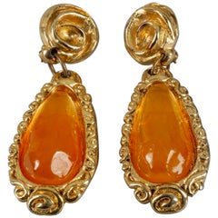 Vintage JACKY DE G Amber Cabochon Massive Earrings