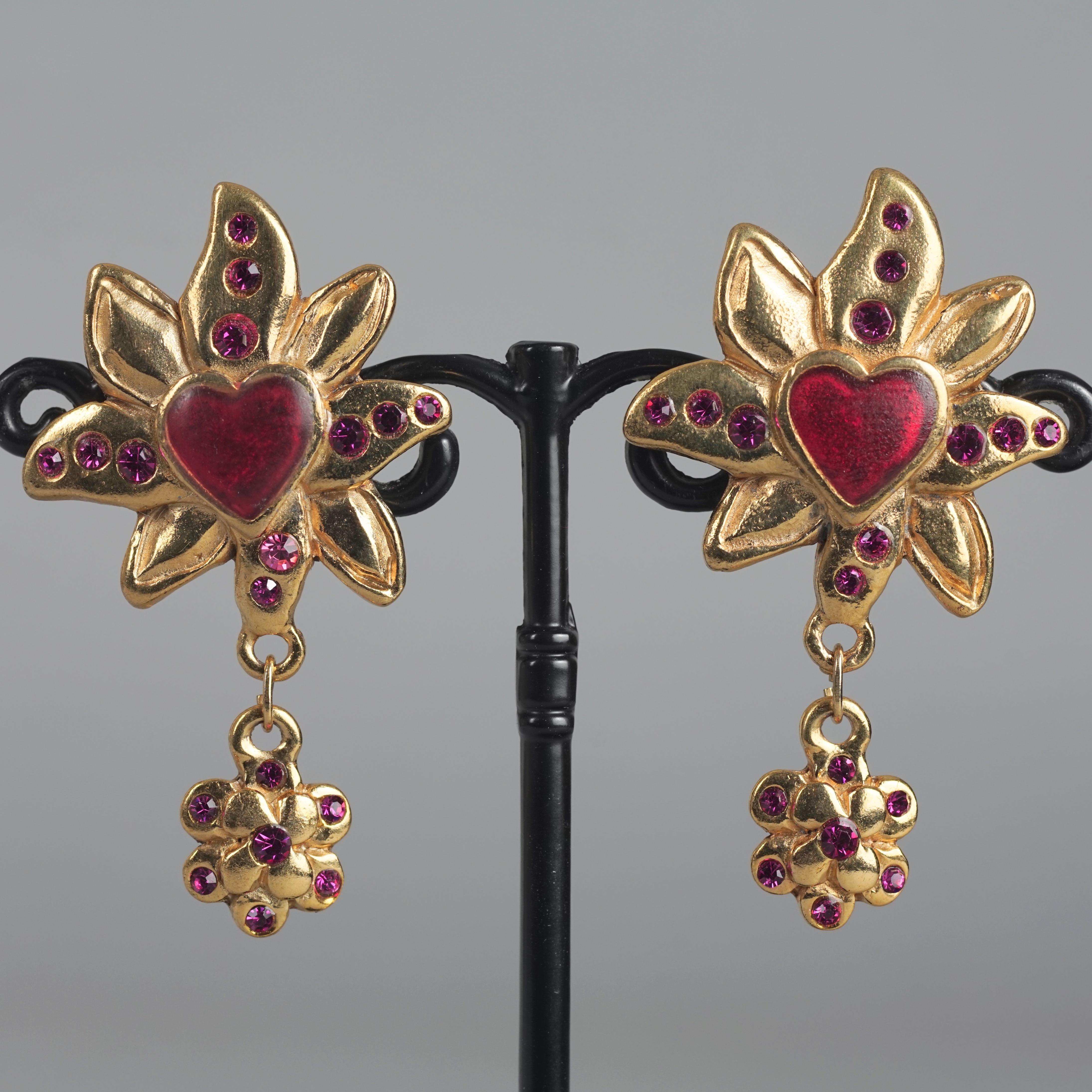 Women's Vintage JACKY DE G Heart Flower Dangling Earrings
