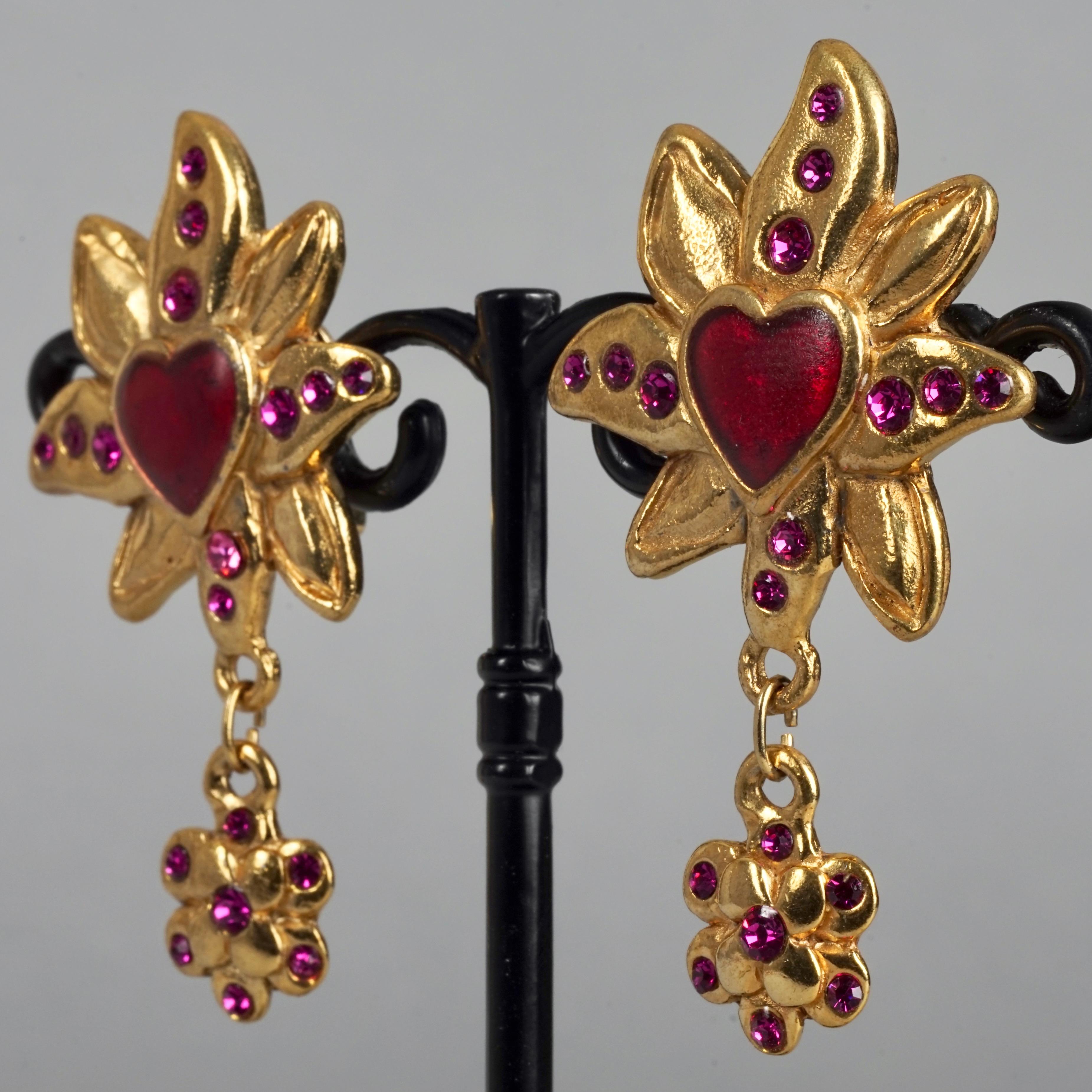 Vintage JACKY DE G Heart Flower Dangling Earrings 1