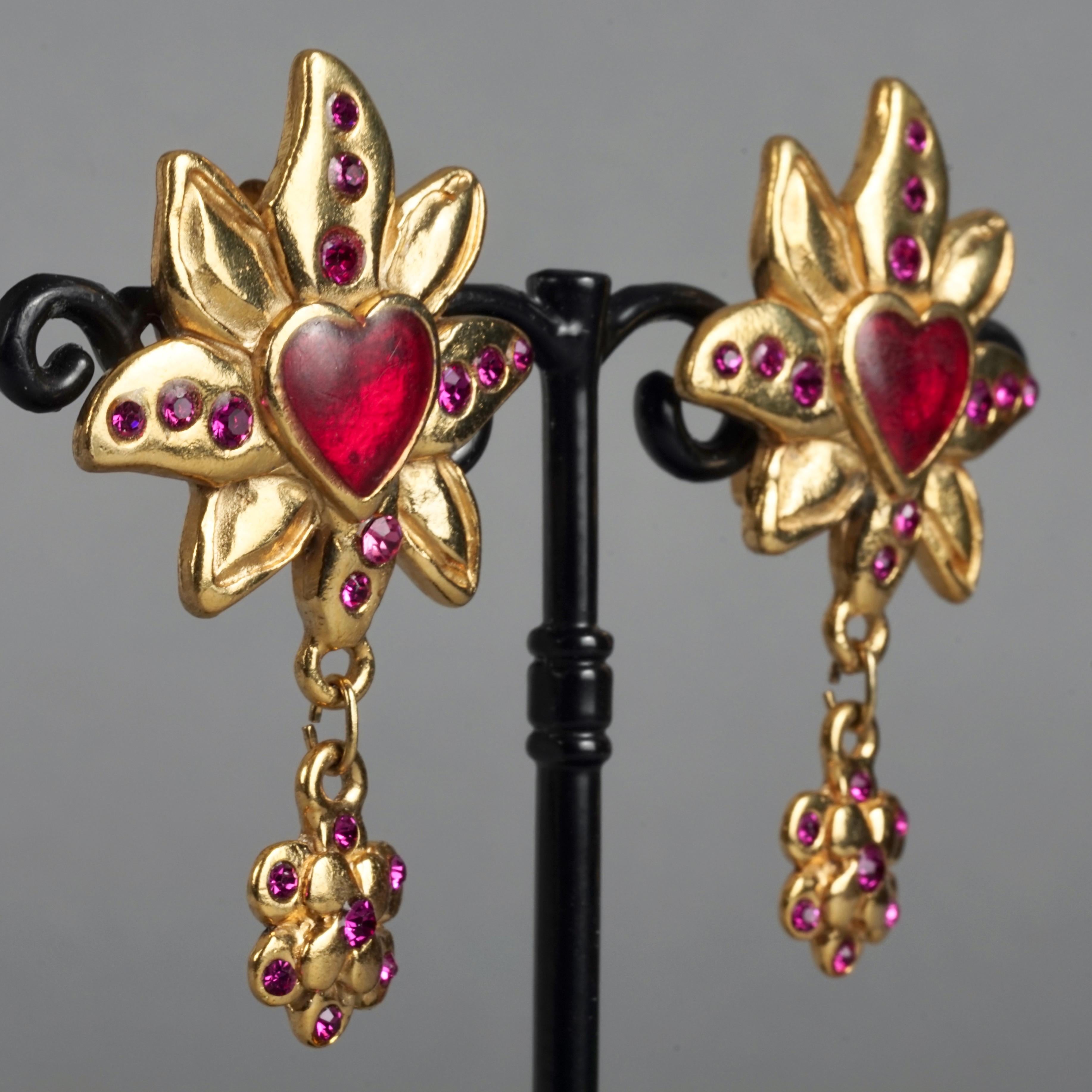 Vintage JACKY DE G Heart Flower Dangling Earrings 2