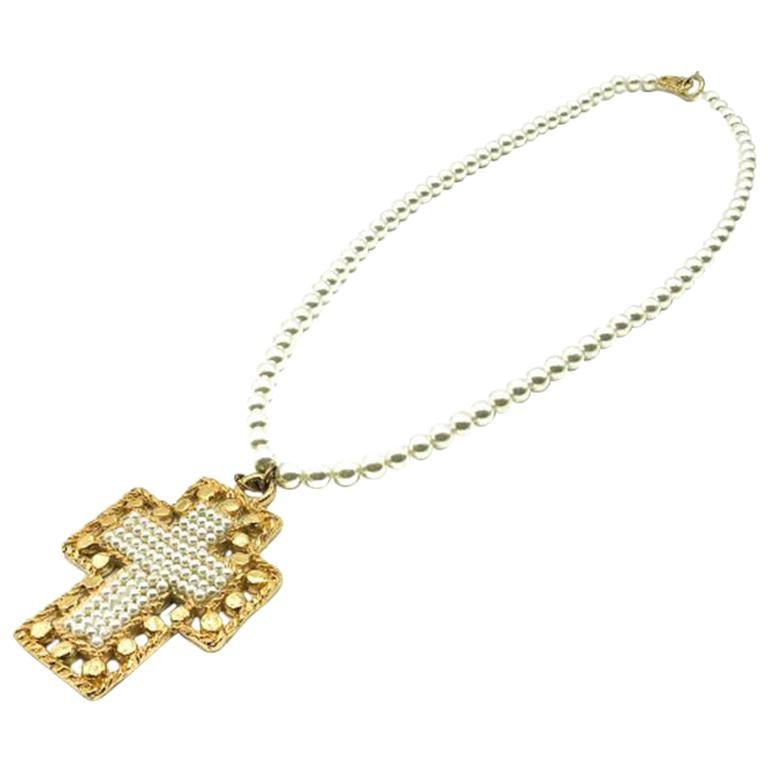 Vintage Jacky De G Paris Pearl & Gold Cross Pendant Necklace