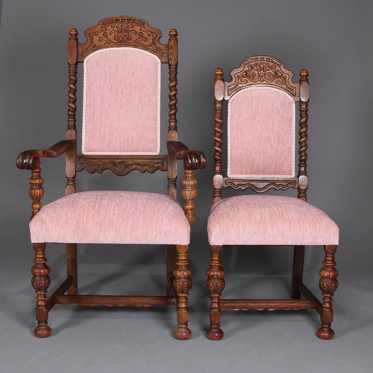 Vintage Jacobean Heavily Carved Oak Refractory Dining Room Table and Chairs In Good Condition In Big Flats, NY