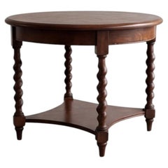 Mesa de centro de estilo neojacobino vintage de roble, con tablero de marquetería y patas con diseño «barley-twist»