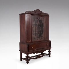Vintage Jacobean Revival China Cabinet, Fret-Cut Glazed Door, Hardwood
