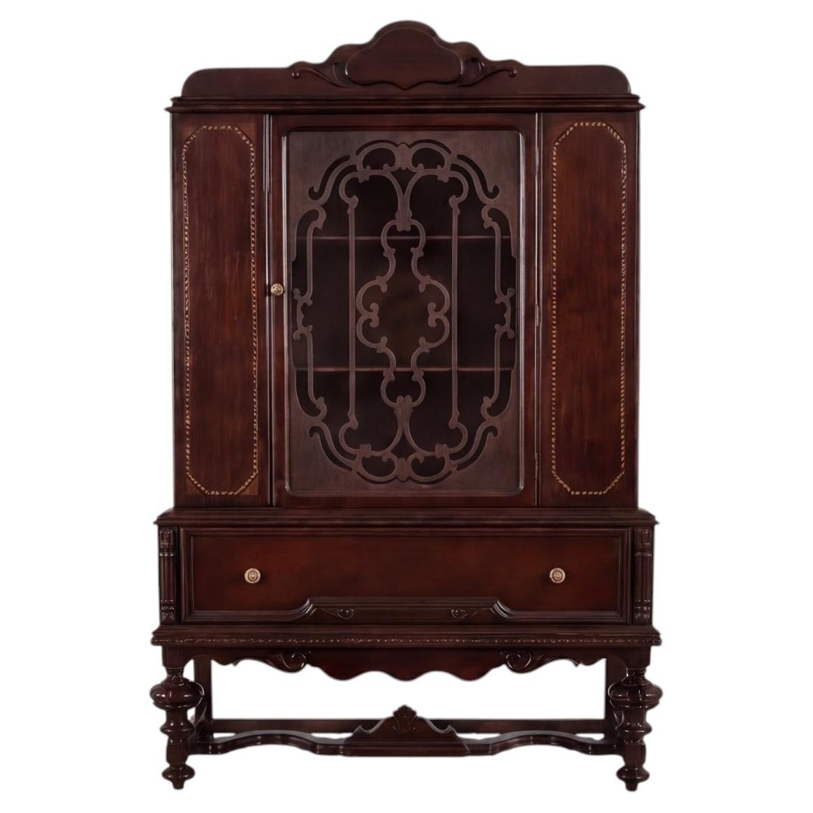 Vintage Jacobean Revival China Cabinet, Fret-Cut Glazed Door, Hardwood