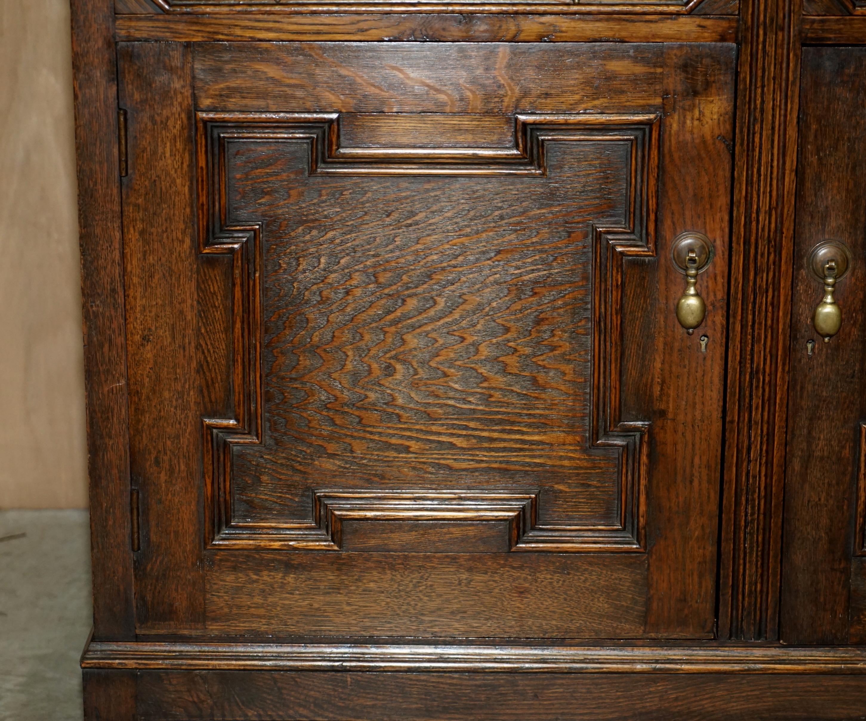 Vintage Jacobean Revival English Carved Oak Library Bookcase Dresser Cupboard For Sale 4