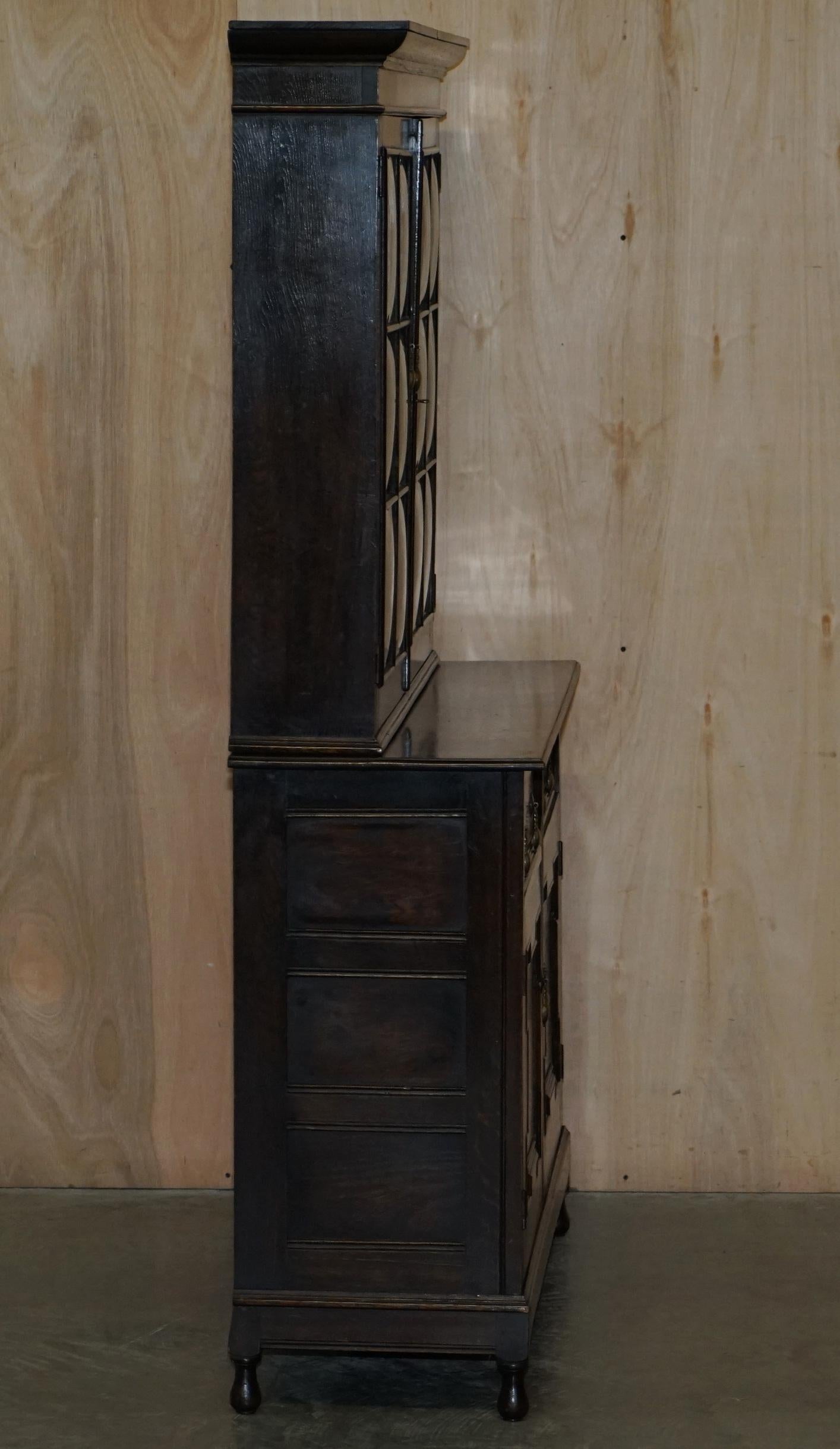 Vintage Jacobean Revival English Carved Oak Library Bookcase Dresser Cupboard For Sale 7