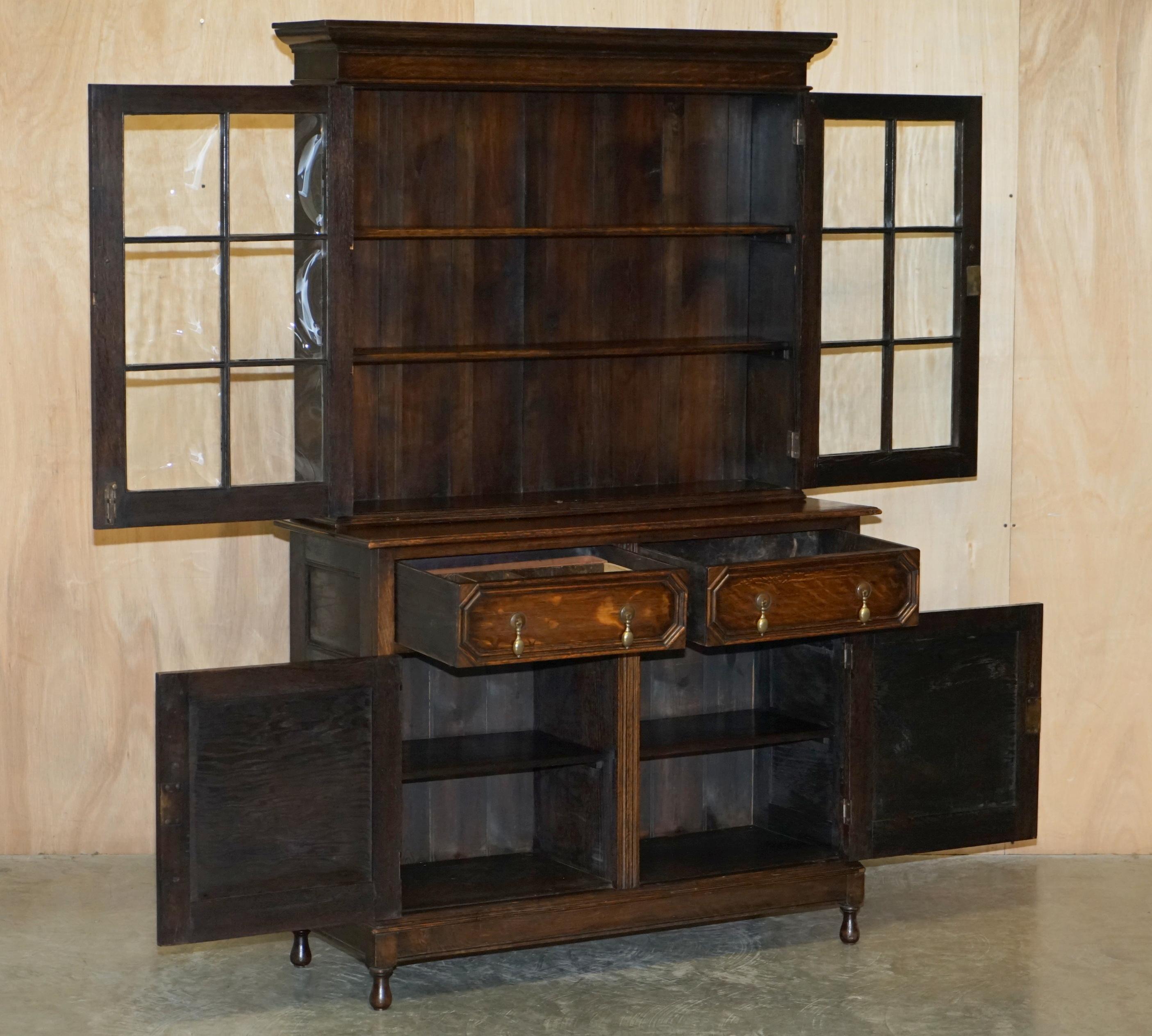 Vintage Jacobean Revival English Carved Oak Library Bookcase Dresser Cupboard For Sale 10