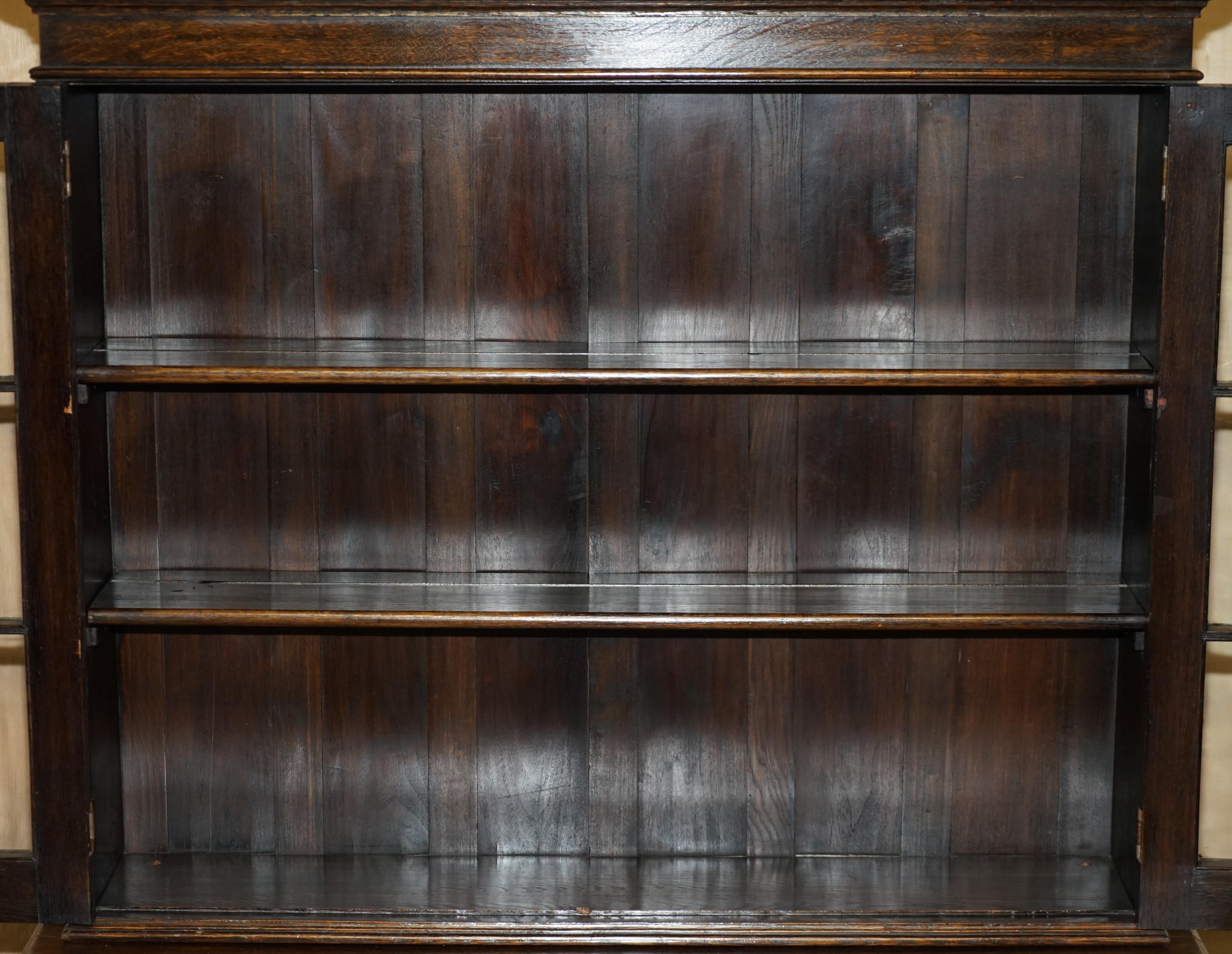 Vintage Jacobean Revival English Carved Oak Library Bookcase Dresser Cupboard For Sale 12