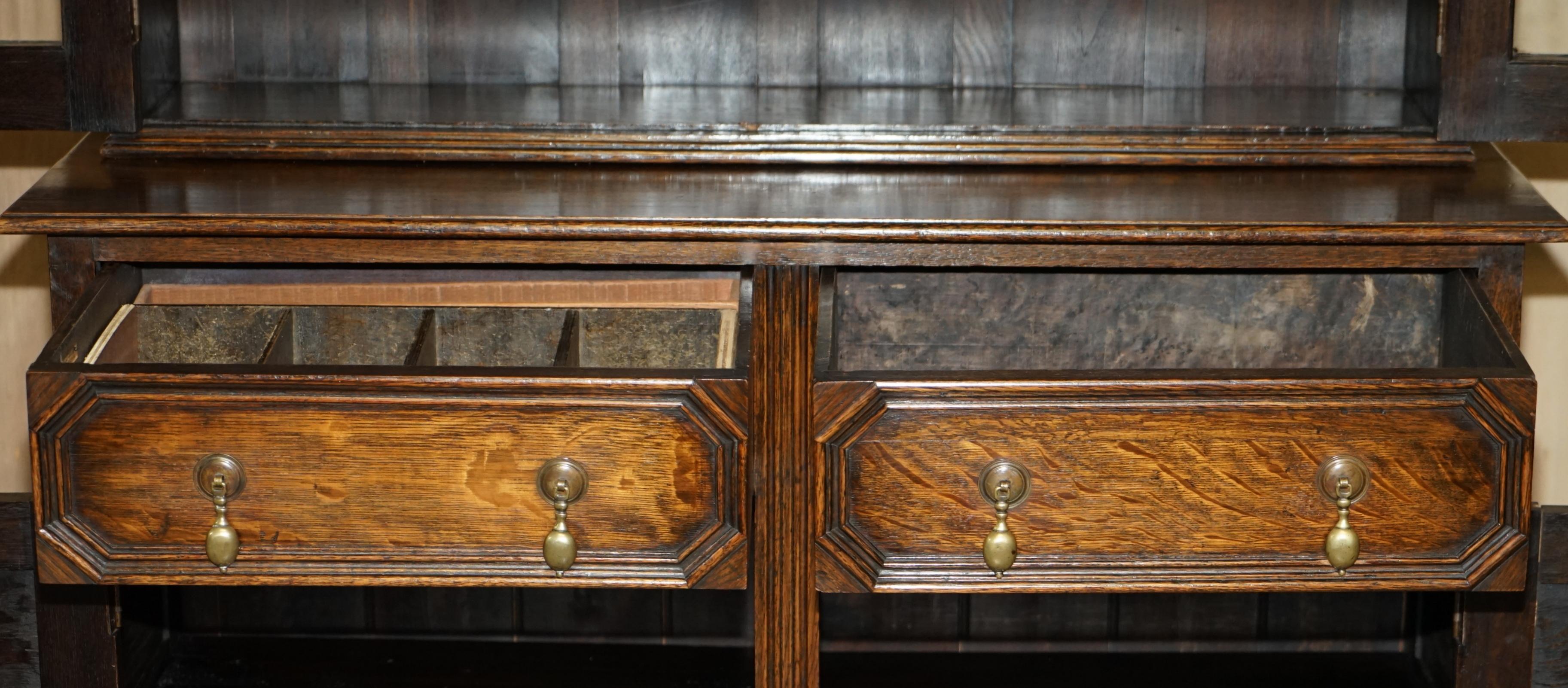 Vintage Jacobean Revival English Carved Oak Library Bookcase Dresser Cupboard For Sale 13