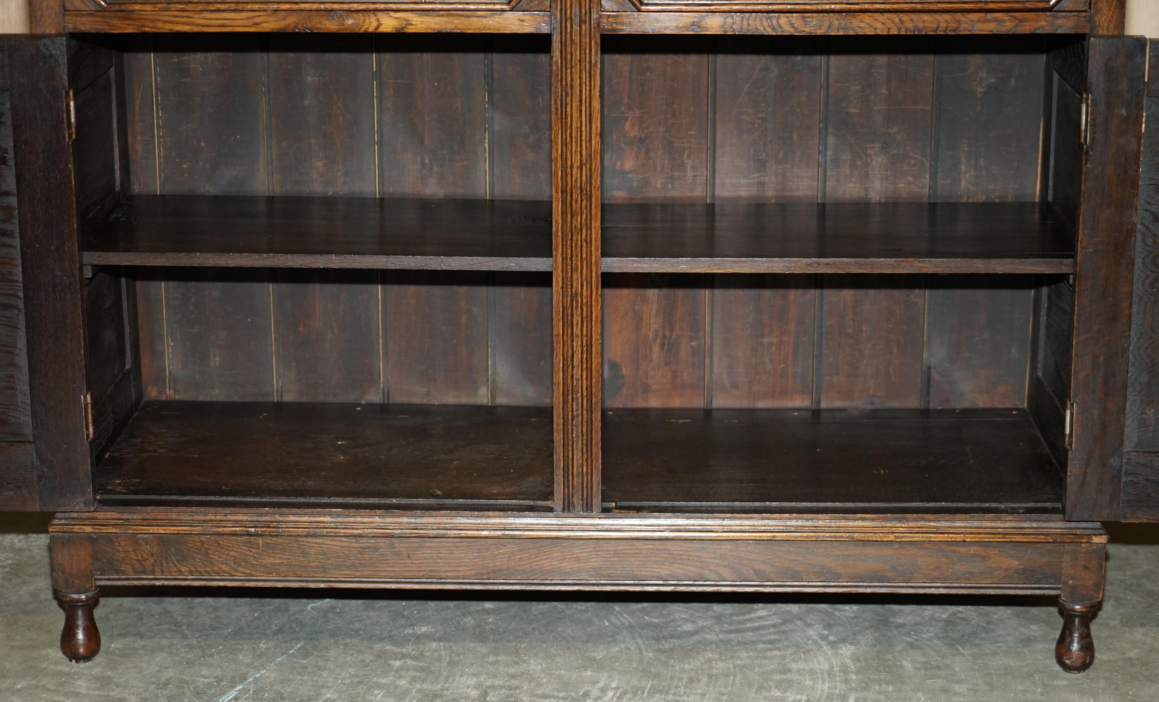 Vintage Jacobean Revival English Carved Oak Library Bookcase Dresser Cupboard For Sale 14