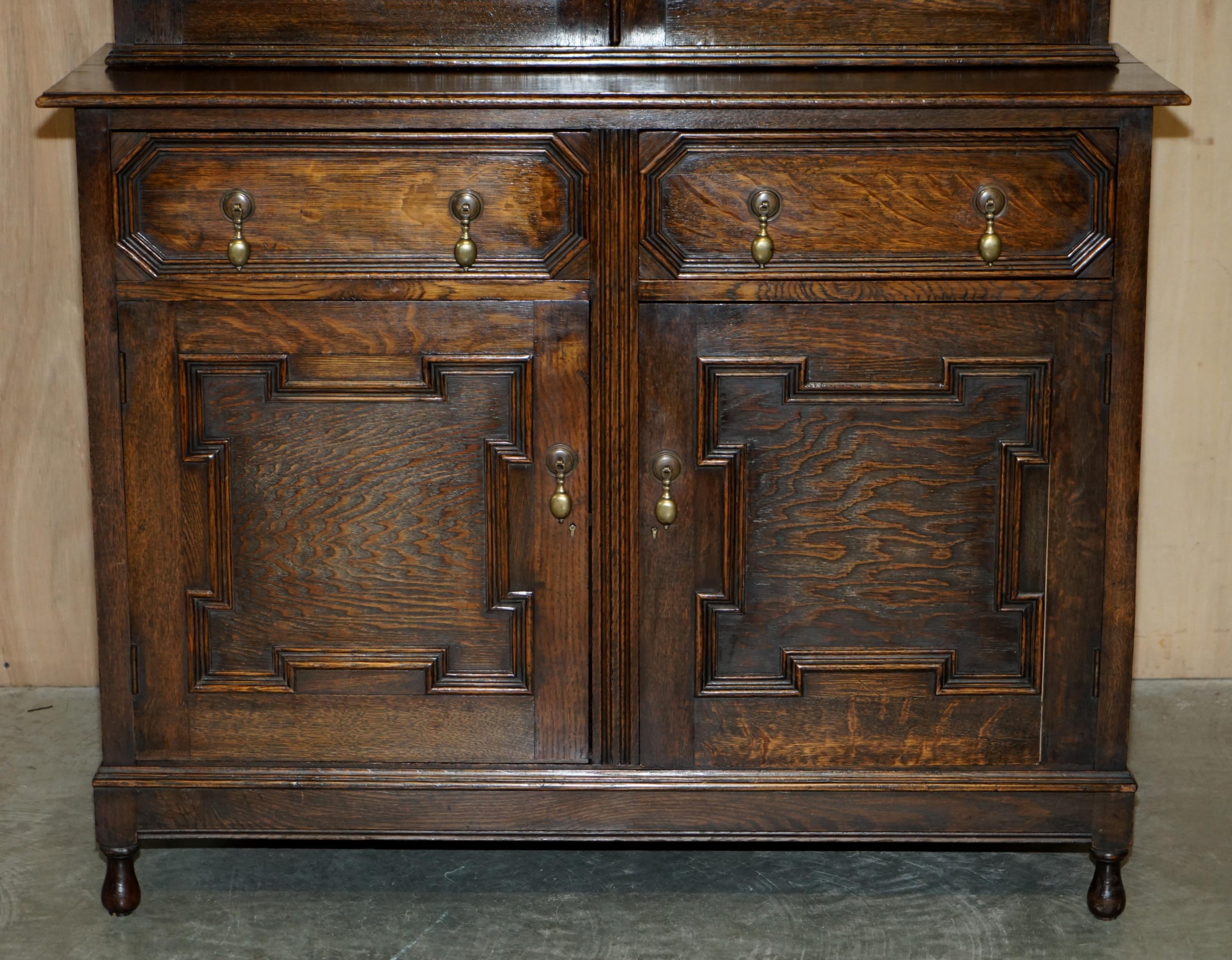 Vintage Jacobean Revival English Carved Oak Library Bookcase Dresser Cupboard For Sale 1