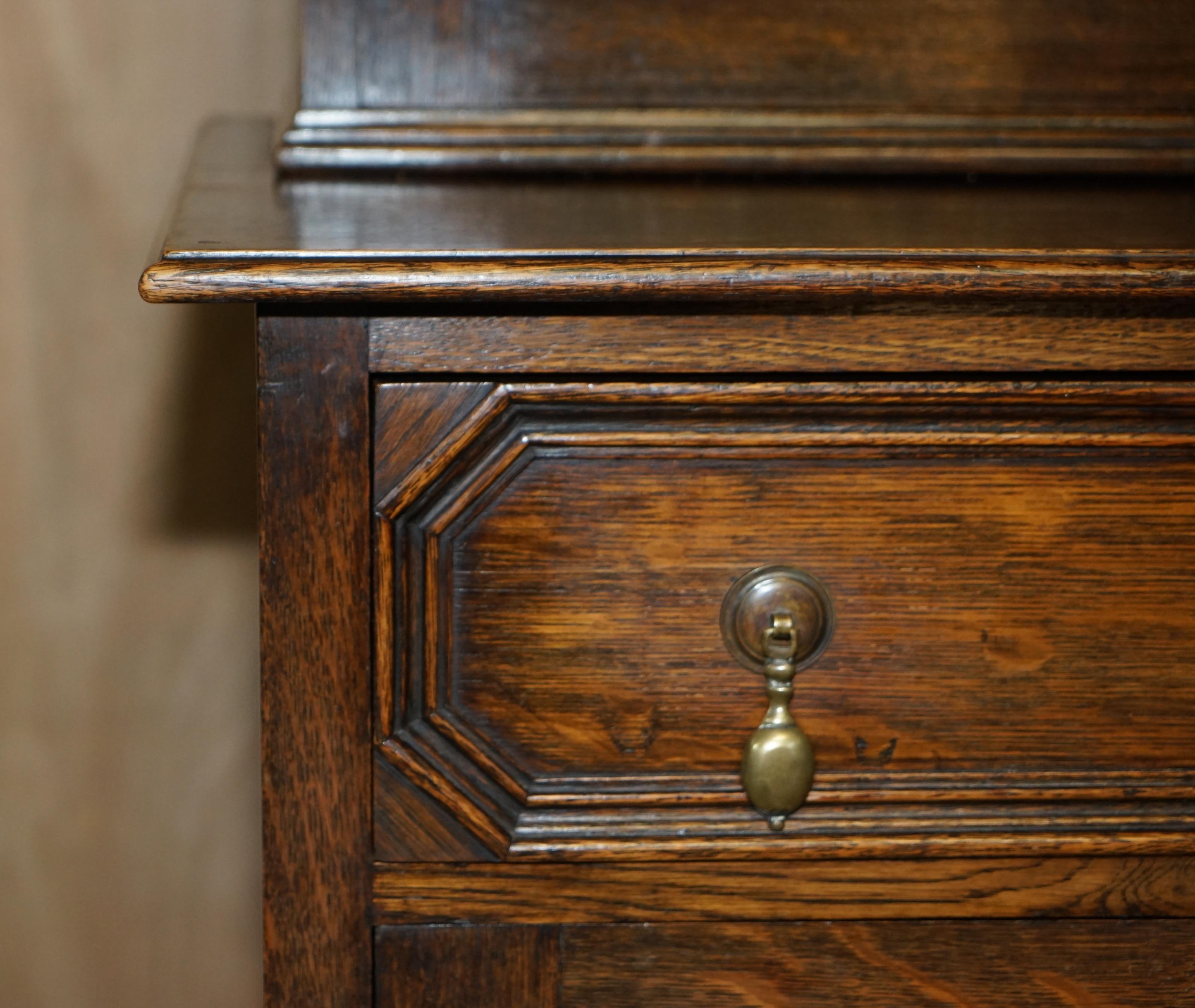 Vintage Jacobean Revival English Carved Oak Library Bookcase Dresser Cupboard For Sale 2