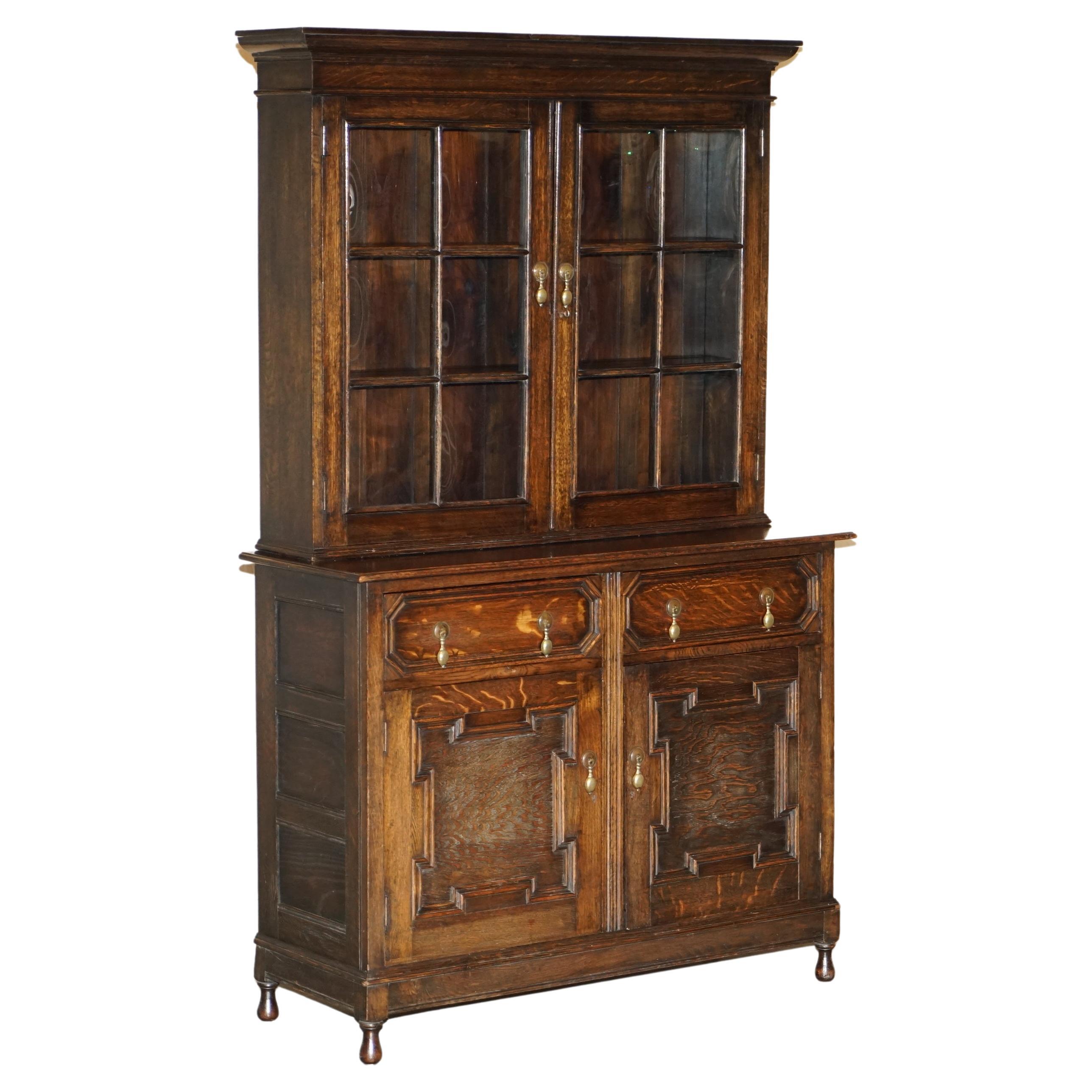 Vintage Jacobean Revival English Carved Oak Library Bookcase Dresser Cupboard For Sale