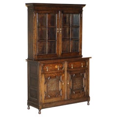 Vintage Jacobean Revival English Carved Oak Library Bookcase Dresser Cupboard