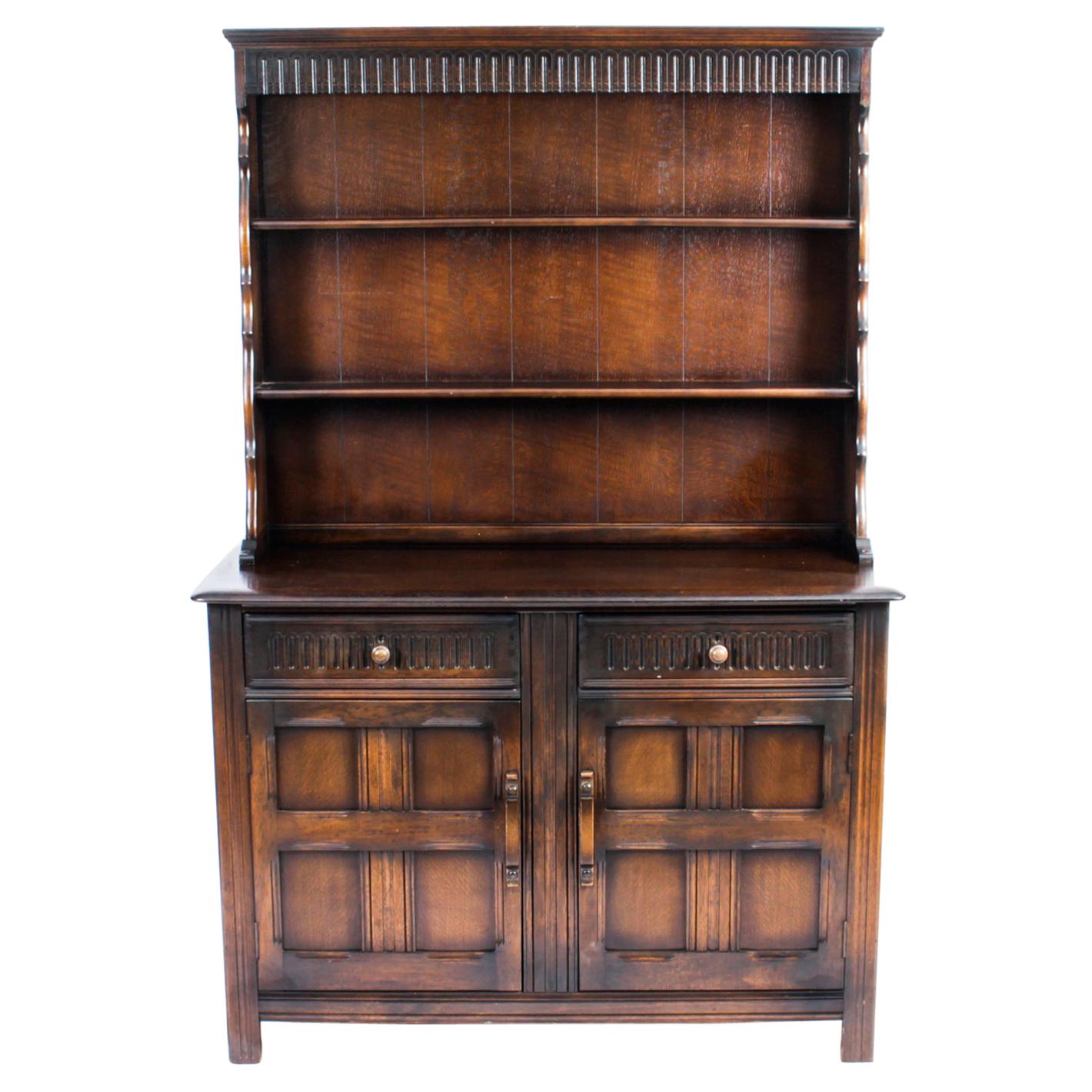 Vintage Jacobean Revival Oak Welsh Dresser Cabinet Sideboard 20th C